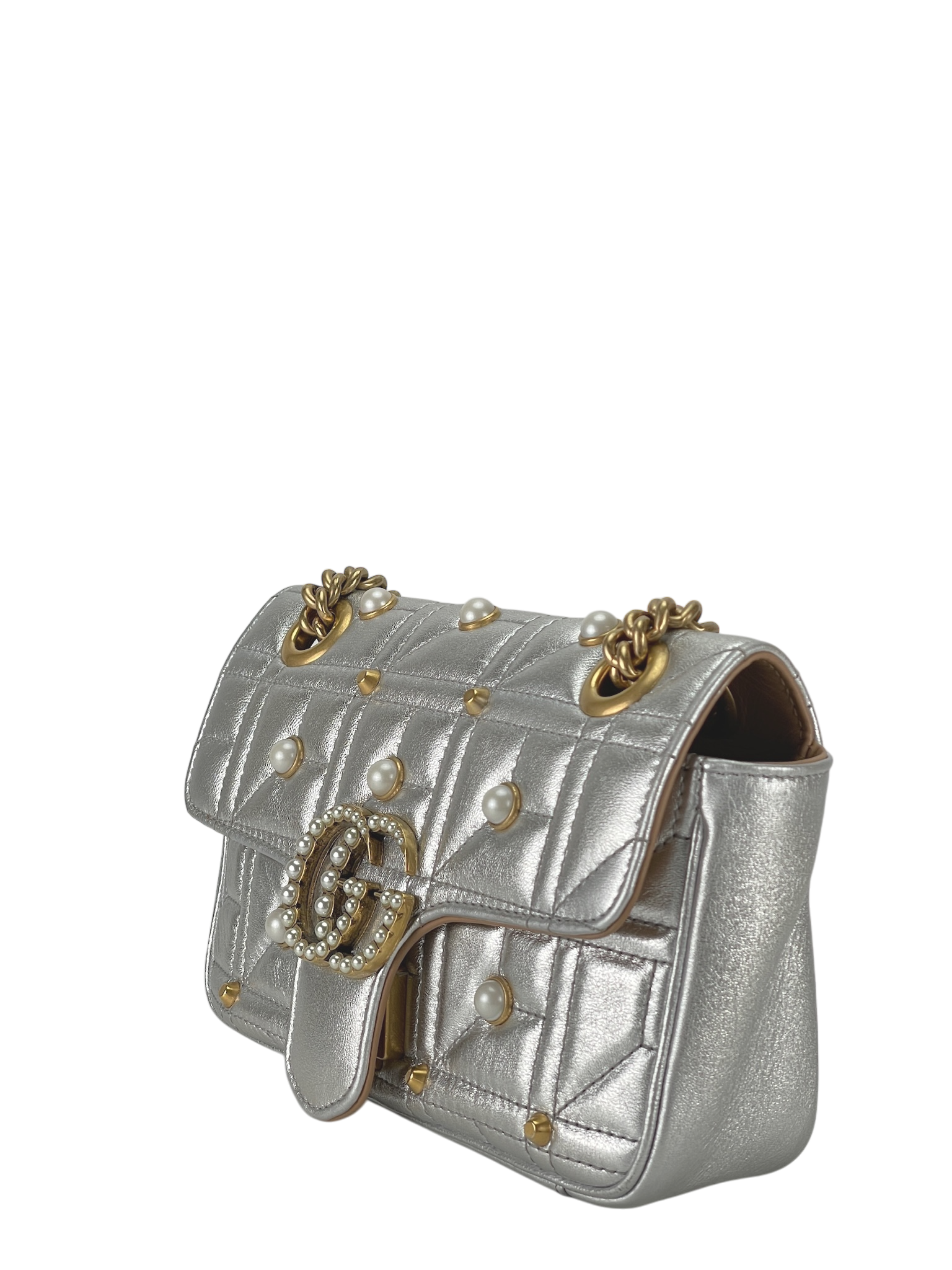 GUCCI - Matelasse Studded Mini Pearly GG Marmont Shoulder Bag Silver Metallic Calfskin