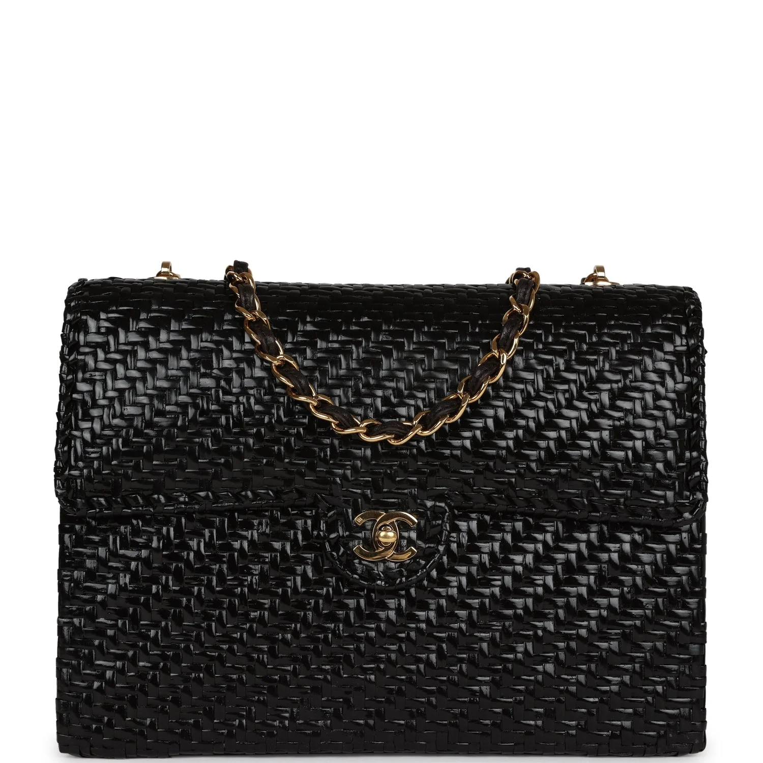 Vintage Chanel Flap Bag Black Wicker Gold Hardware