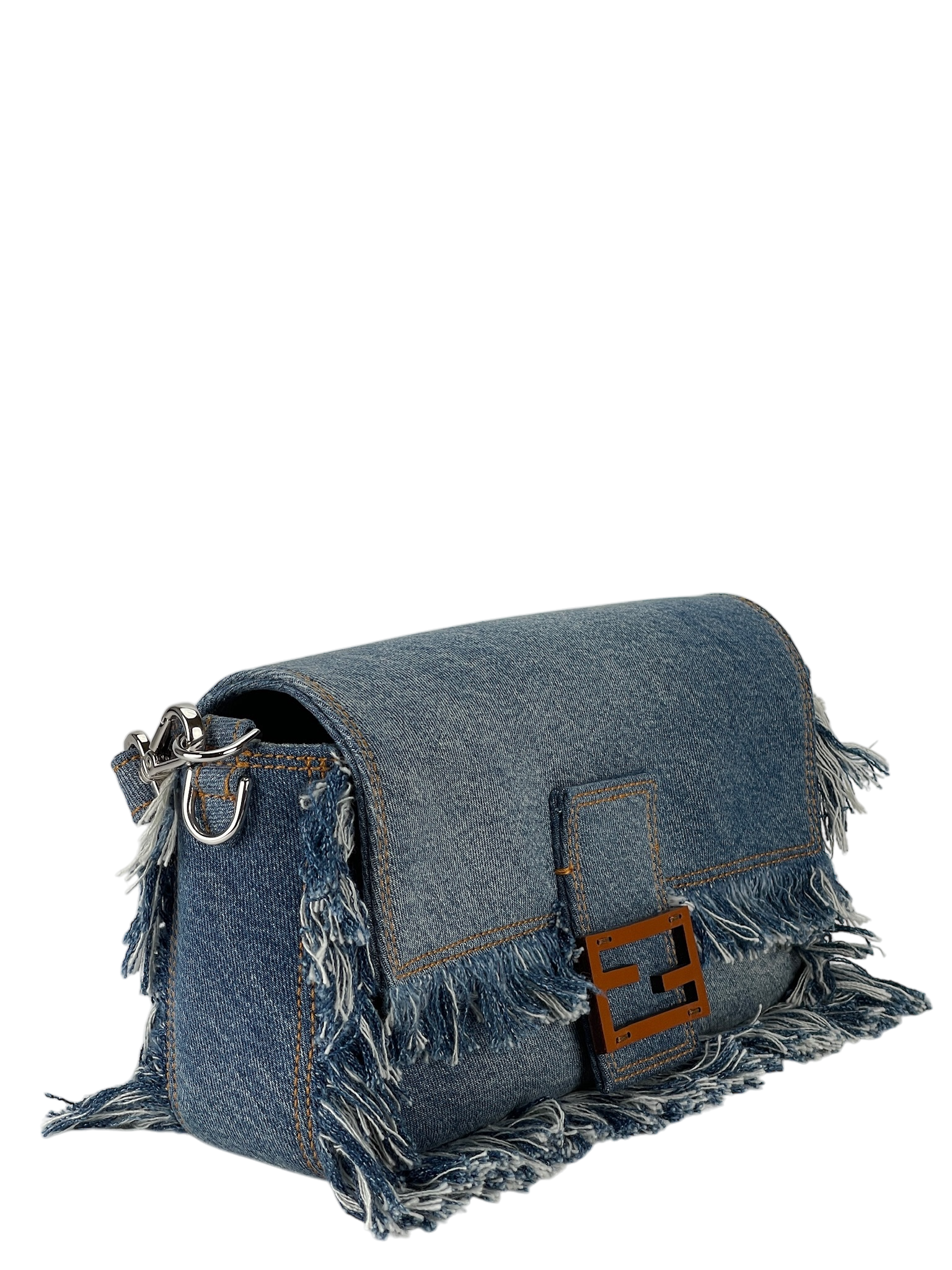 FENDI - Light Denim Lavato Leather Frayed Baguette Shoulder Bag