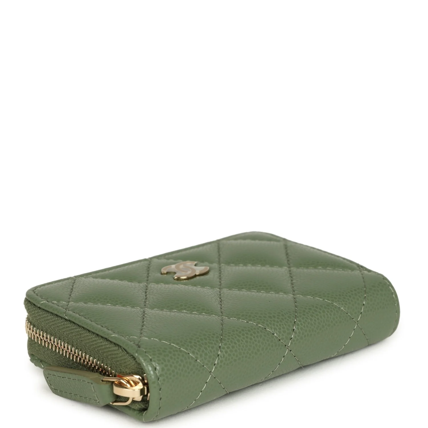 Chanel Classic Zipped Coin Purse Wallet Khaki Shiny Caviar Light Gold Hardware