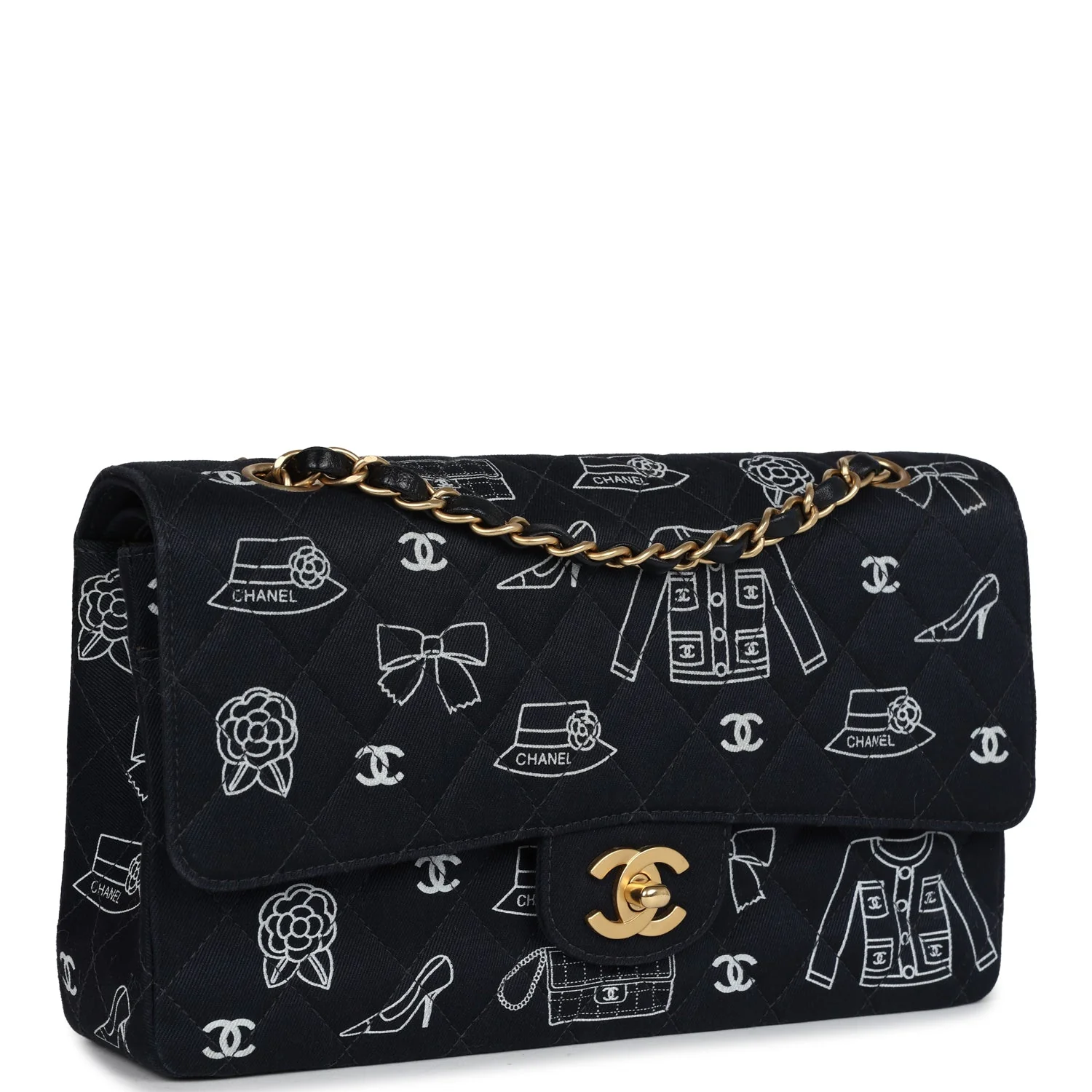 Vintage Chanel Medium Icon Print Double Flap Bag Navy Canvas Brushed Gold Hardware