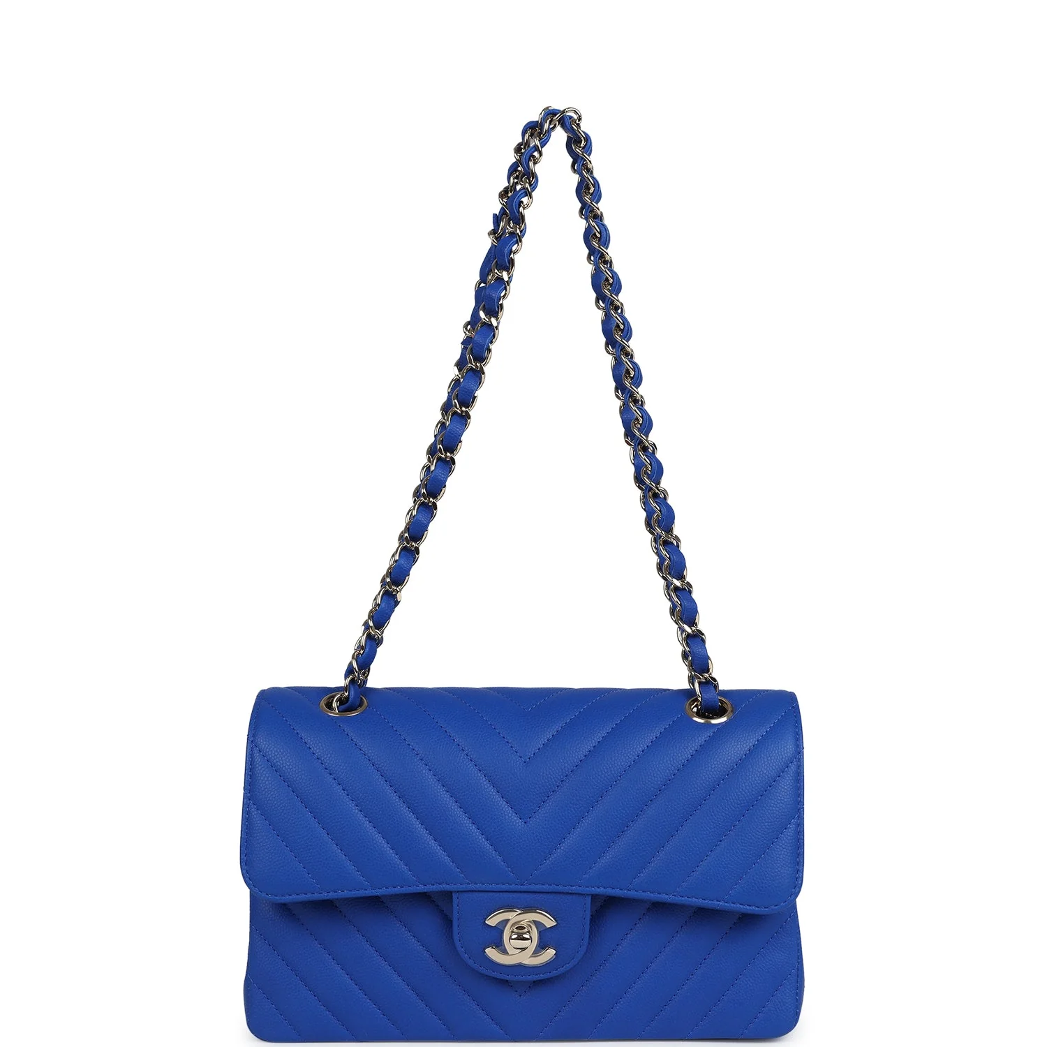 Chanel Small Classic Double Flap Blue Chevron Caviar Light Gold Hardware