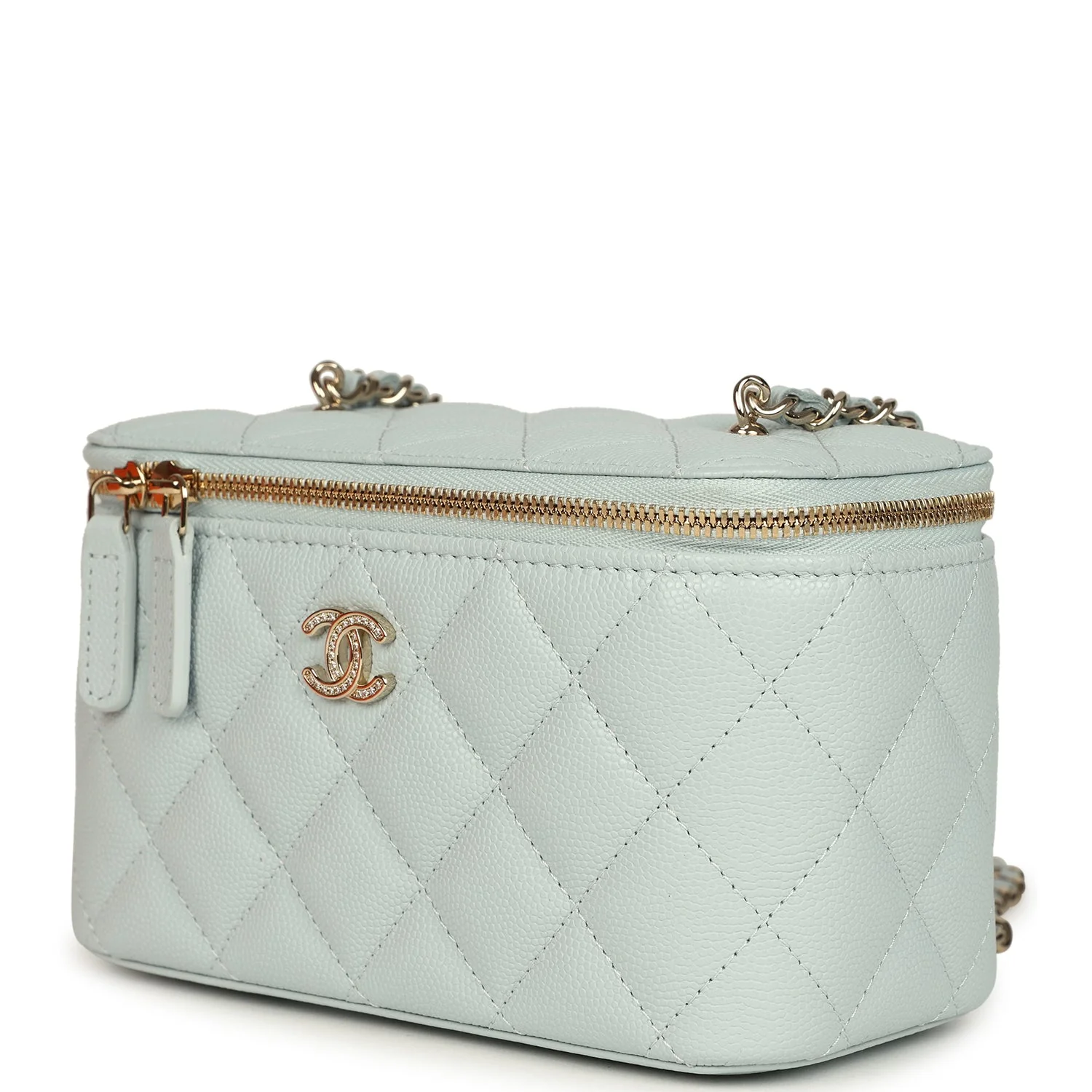 Chanel Small Rectangular Classic Vanity Case Light Blue Shiny Caviar Light Gold Hardware