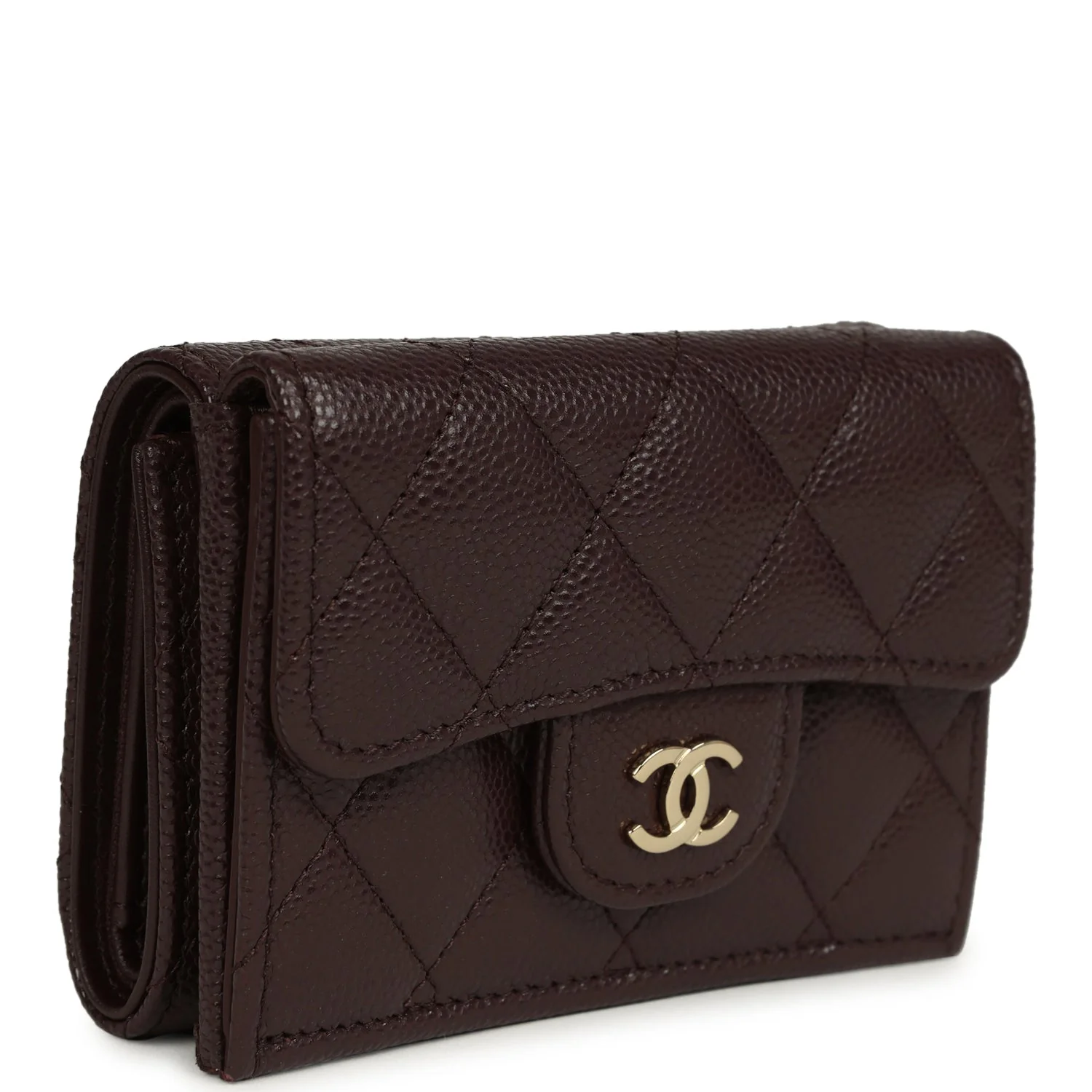 Chanel Small Classic Flap Wallet Dark Brown Shiny Caviar Light Gold Hardware