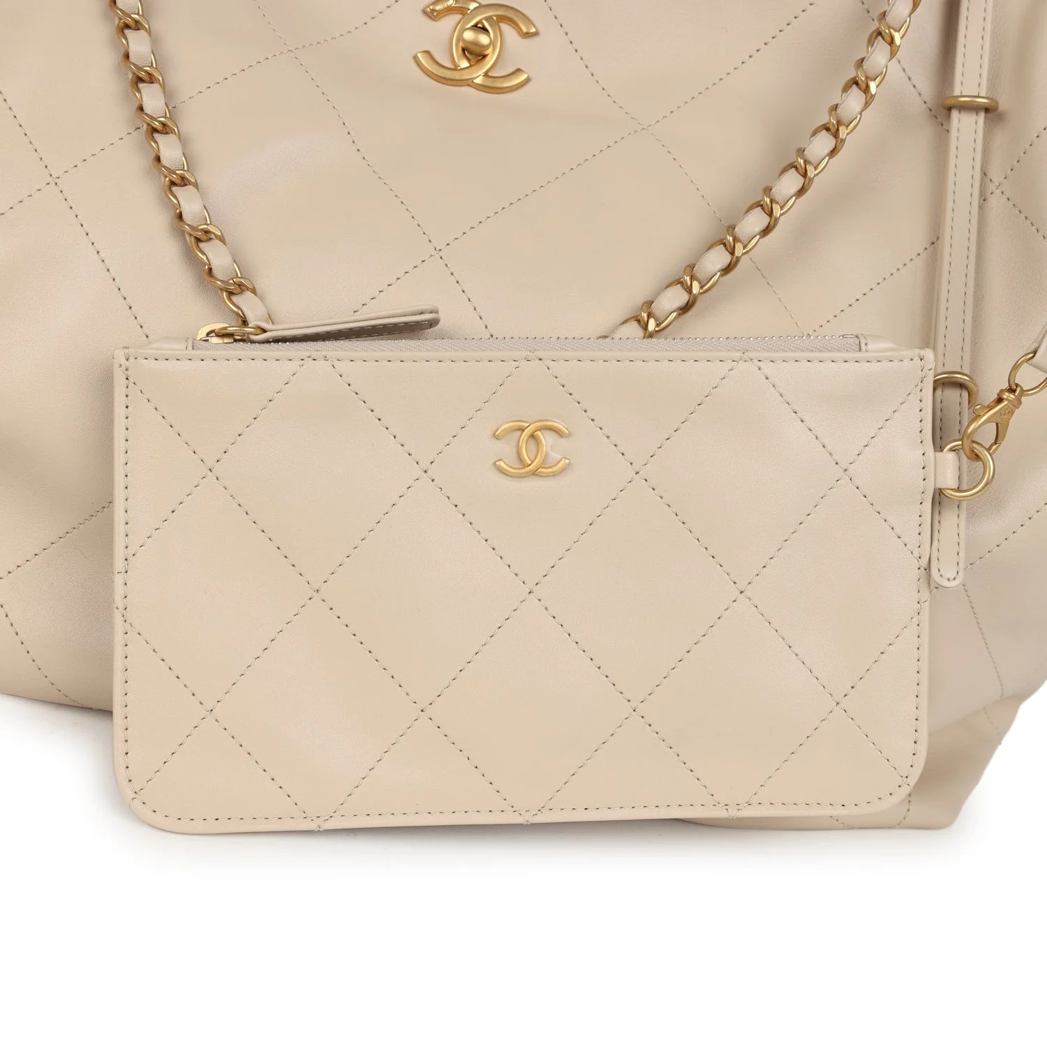 Chanel Maxi Coco Shopping Bag Beige Calfskin Antique Gold Hardware