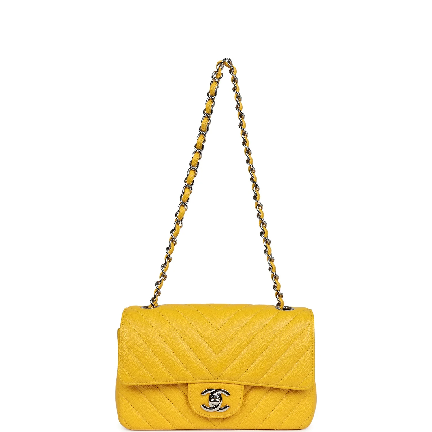 Pre-owned Chanel Mini Rectangular Flap Yellow Chevron Caviar Silver Hardware