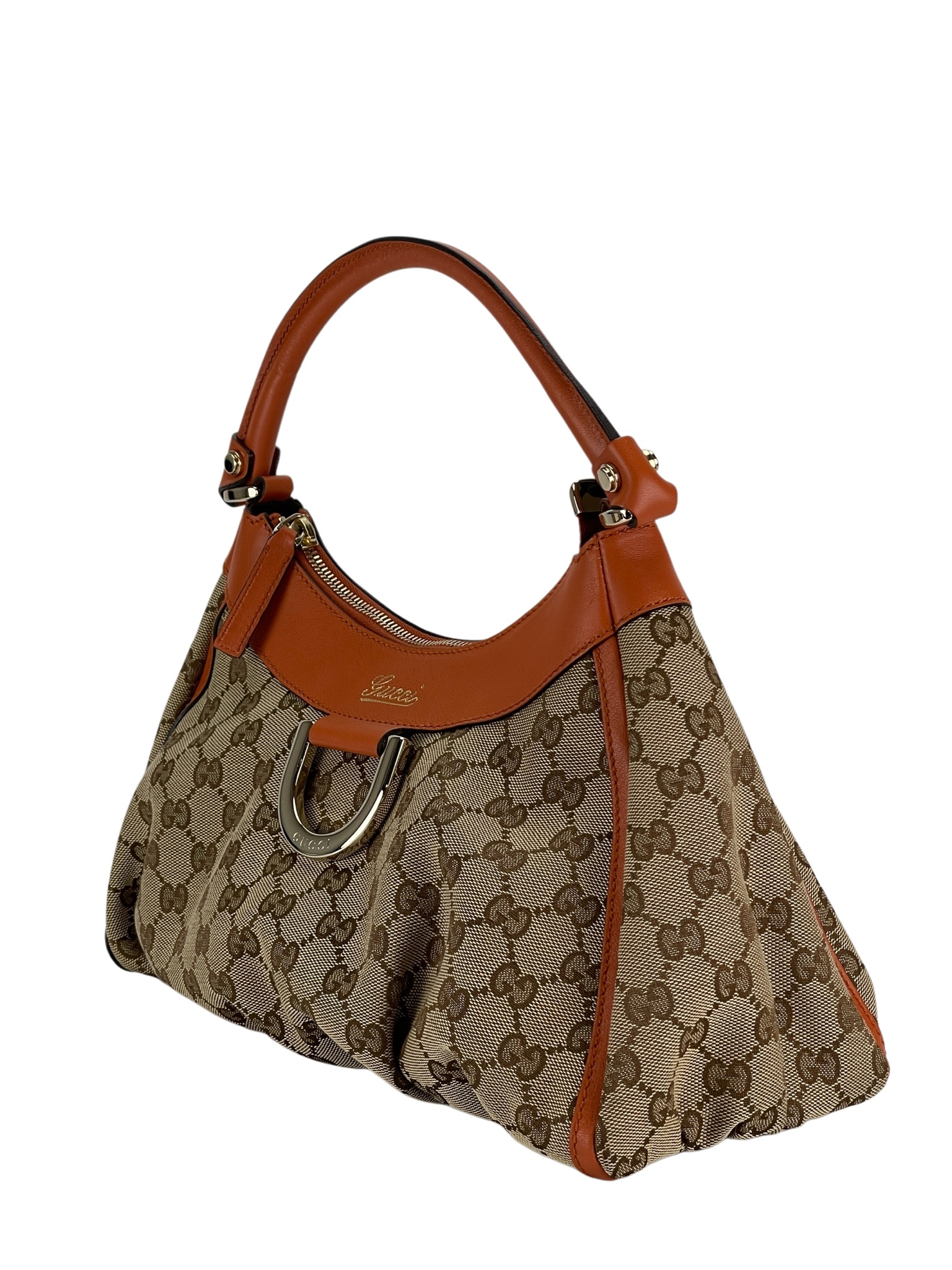 GUCCI - Beige Orange Canvas Leather Shima Abbey Hobo Bag