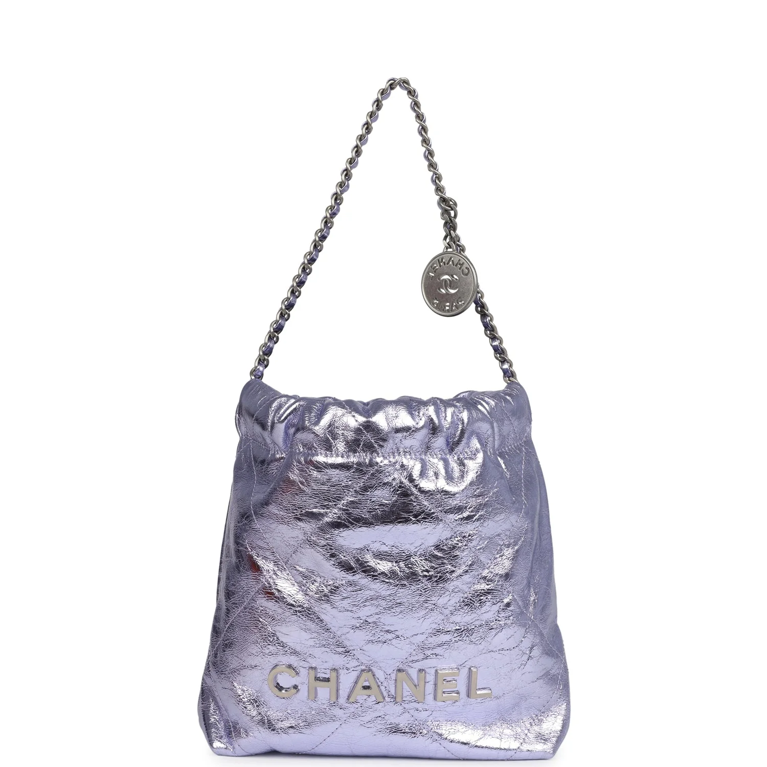 Chanel Mini 22 Bag Purple Metallic Calfskin Brushed Silver Hardware