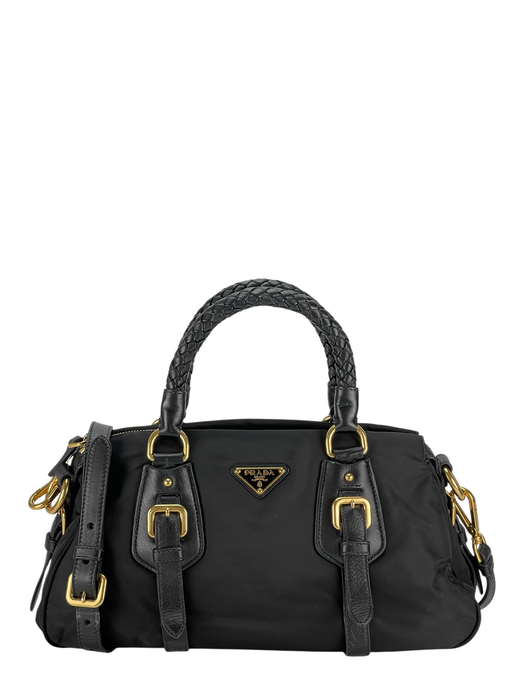 PRADA - Black Tessuto Nylon and Leather Bauletto Bag