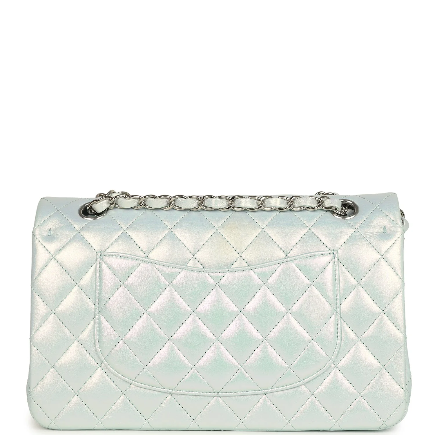 Pre-owned Chanel Medium Classic Double Flap Bag Light Blue Iridescent Calfskin Silver Hardware