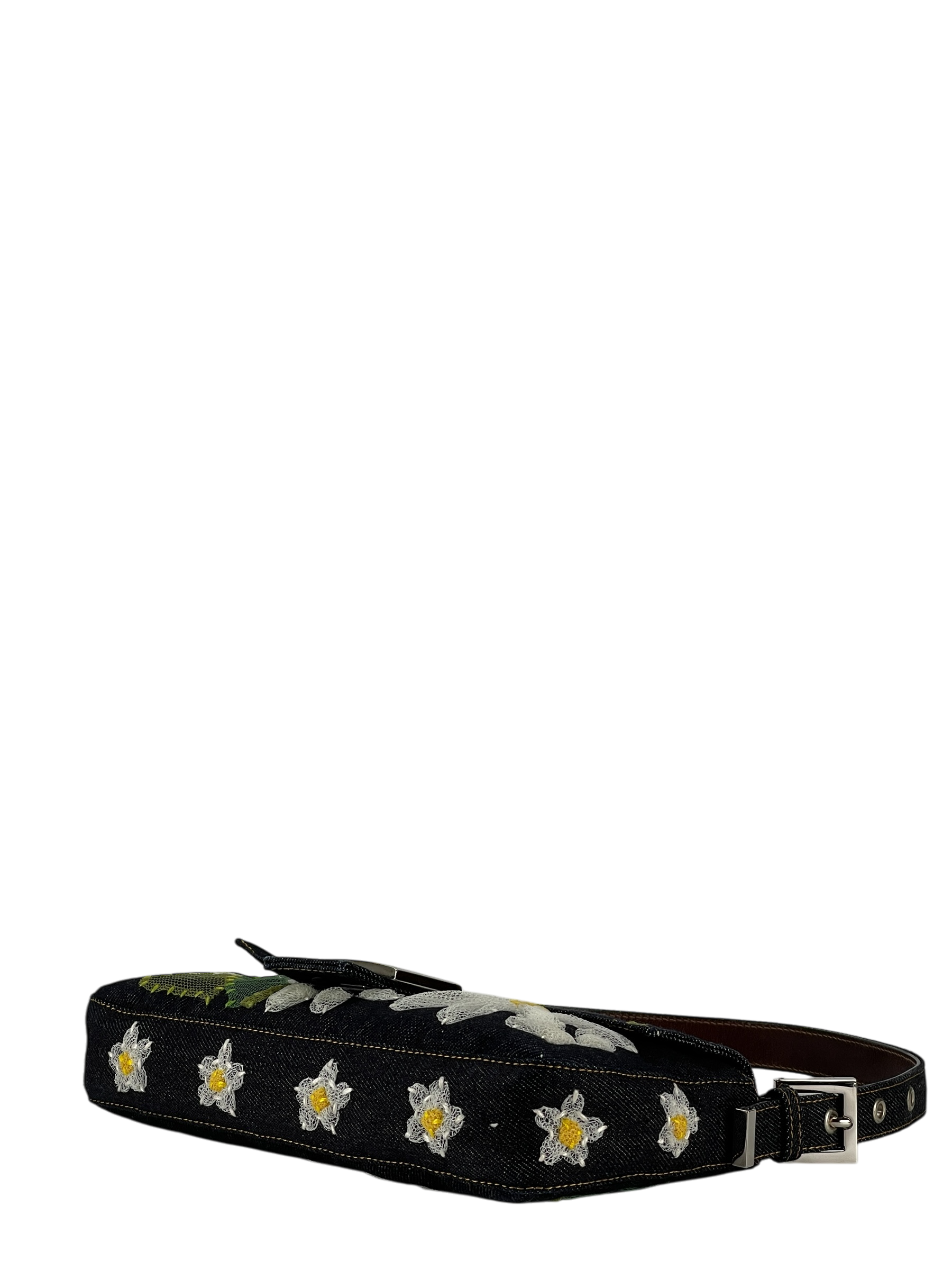 FENDI - Blue Denim Baguette in Dark Embroided Flowers