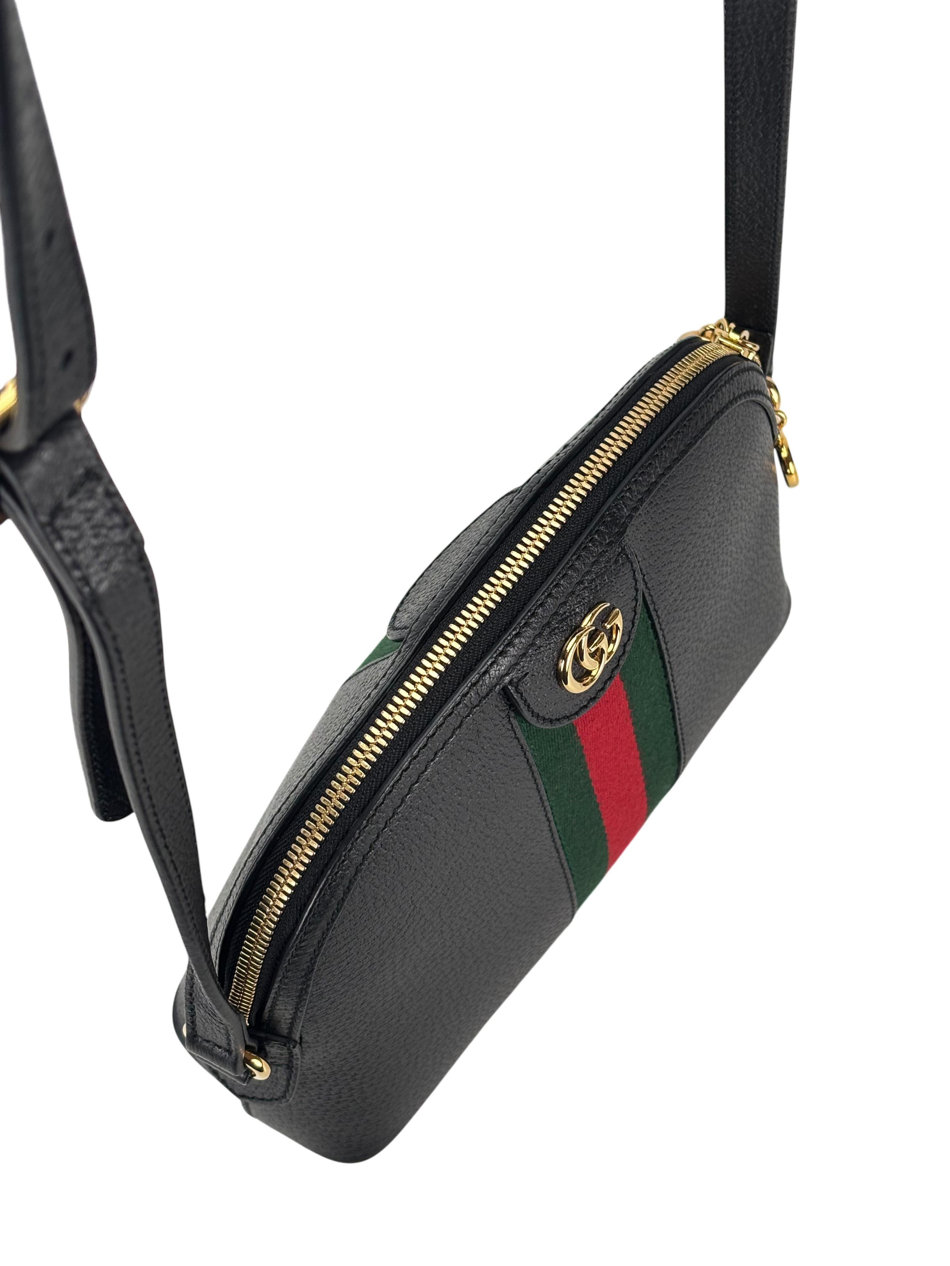 GUCCI - Leather Calfskin GG Web Small Ophidia Dome Shoulder Bag Black
