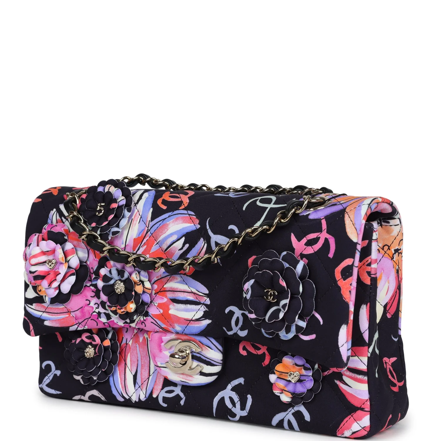 Chanel Small Flap Bag Black Multi Floral Fabric Light Gold Hardware
