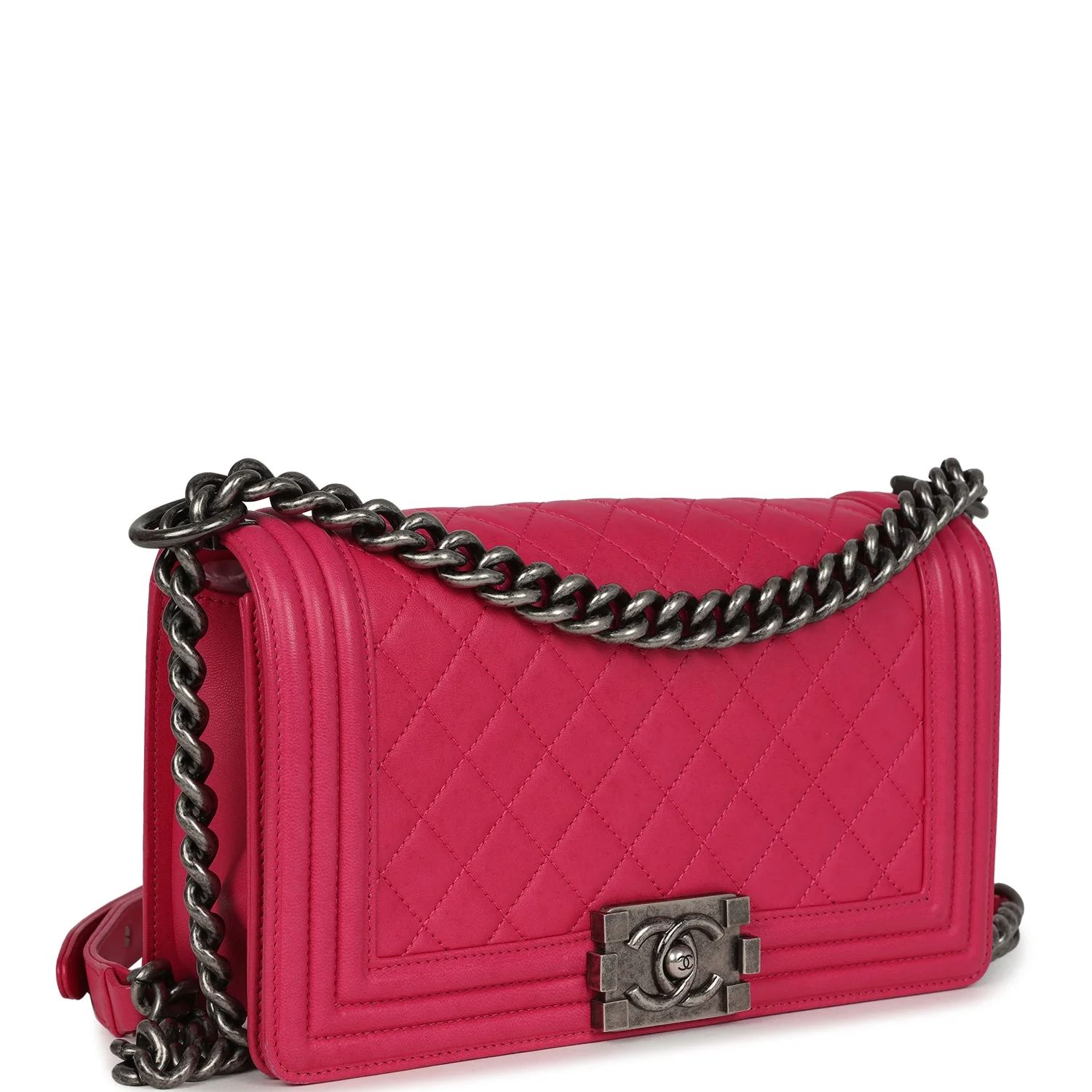 Pre-owned Chanel Medium Boy Bag Pink Lambskin Aged Ruthenium Hardware