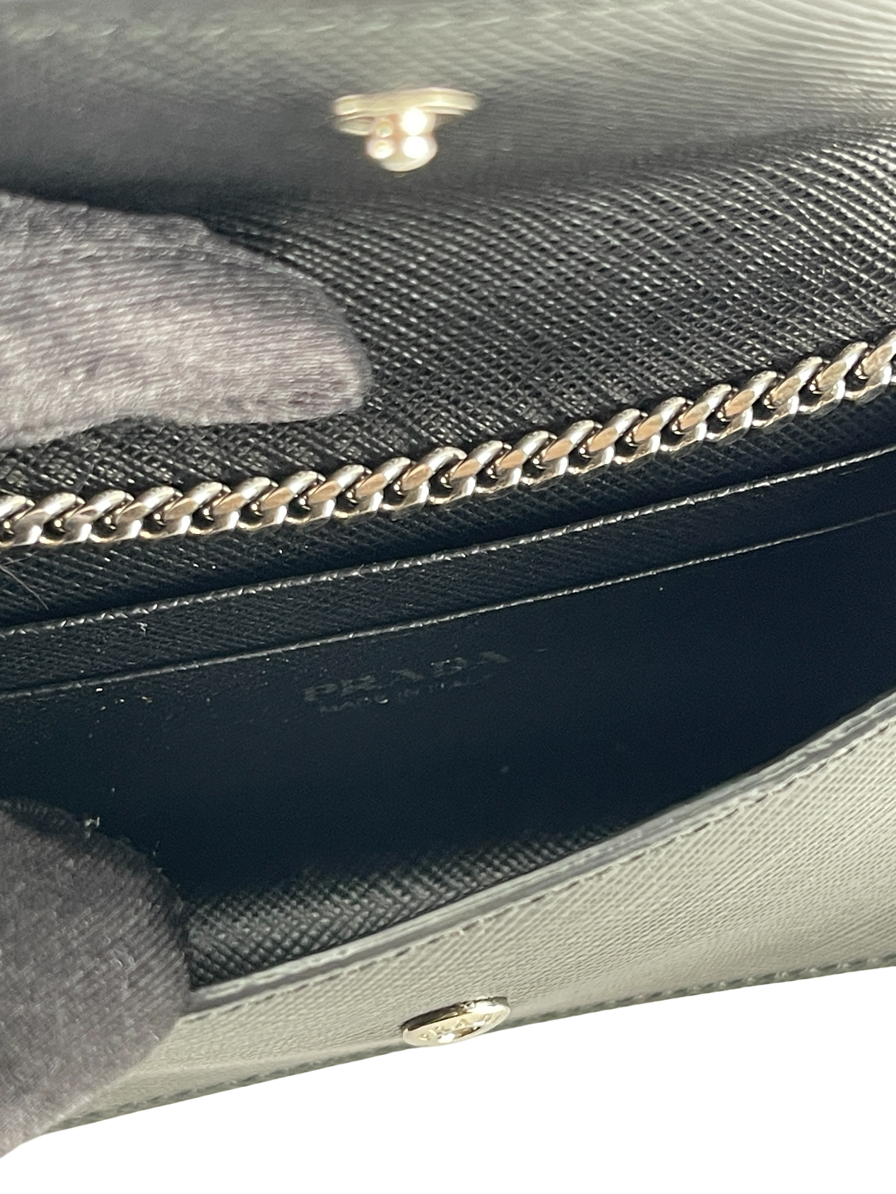 PRADA - Black Saffiano leather card holder with shoulder strap