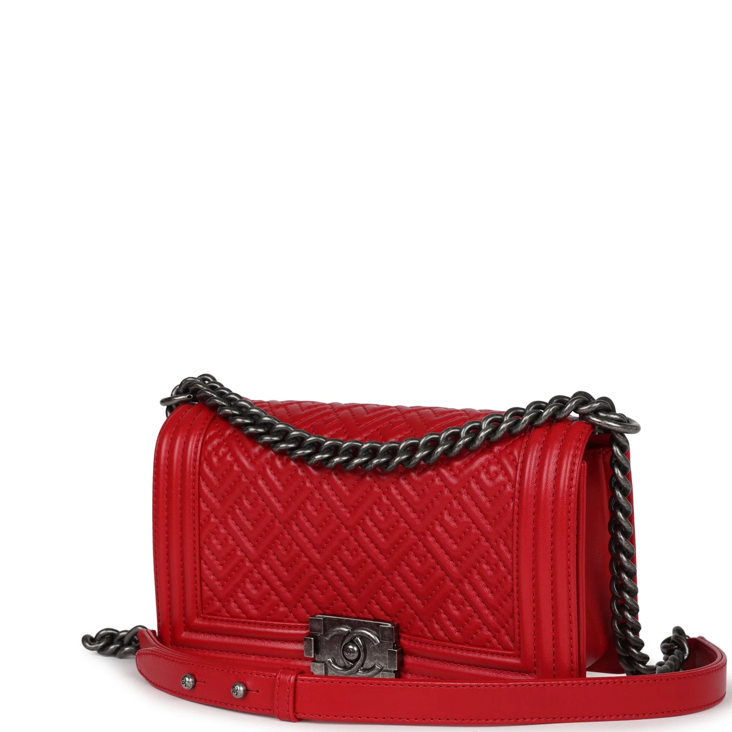Chanel Old Medium Boy Bag Red Lambskin Aged Ruthenium Hardware