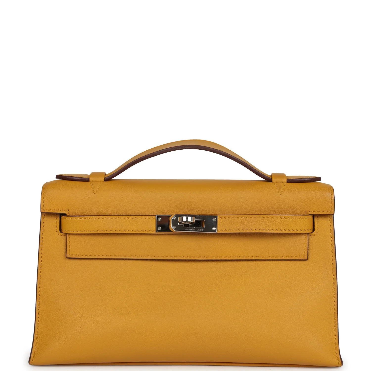 Pre-owned Hermes Kelly Pochette Jaune Ambre Swift Palladium Hardware