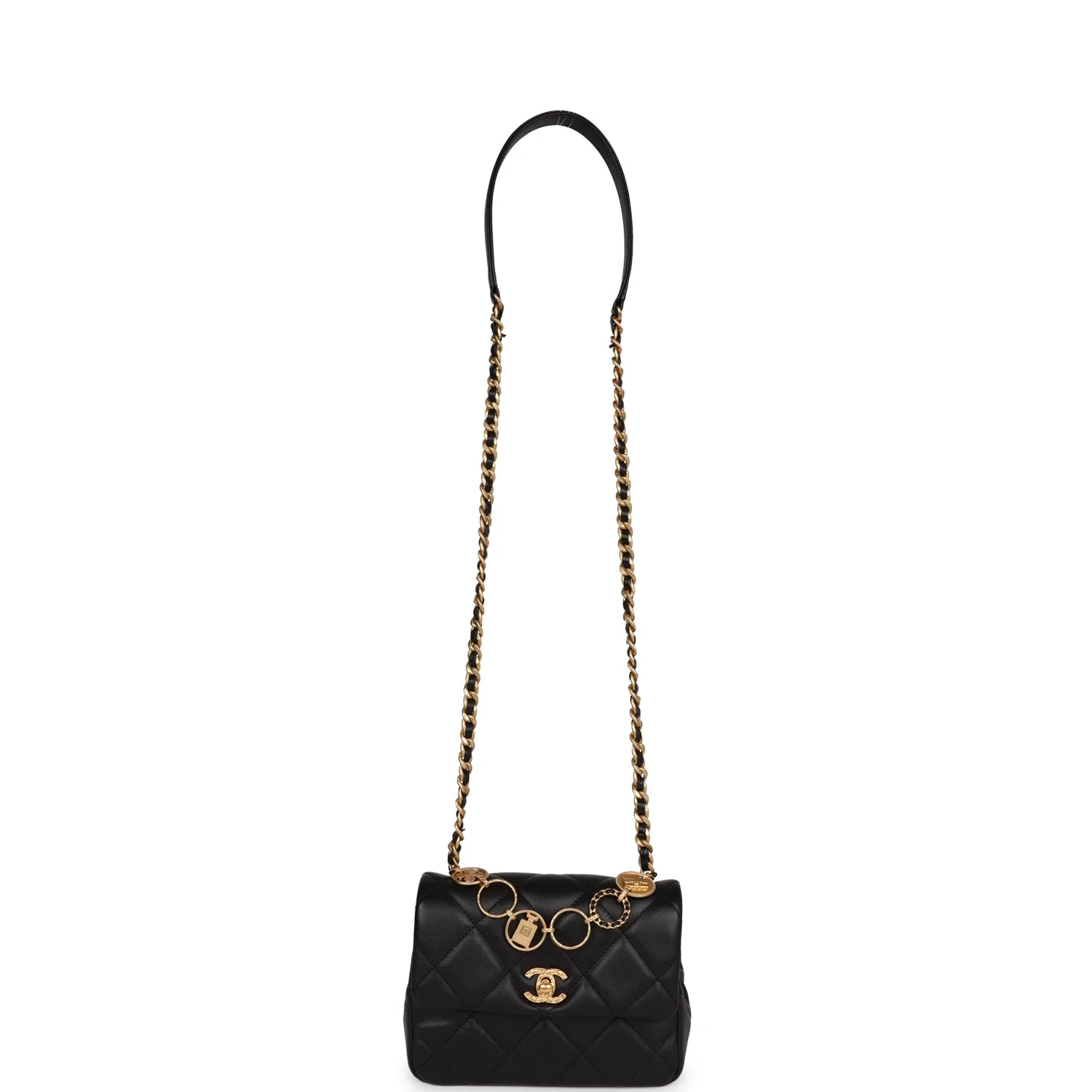 Chanel Mini Charms Flap Bag Black Lambskin Brushed Gold Hardware