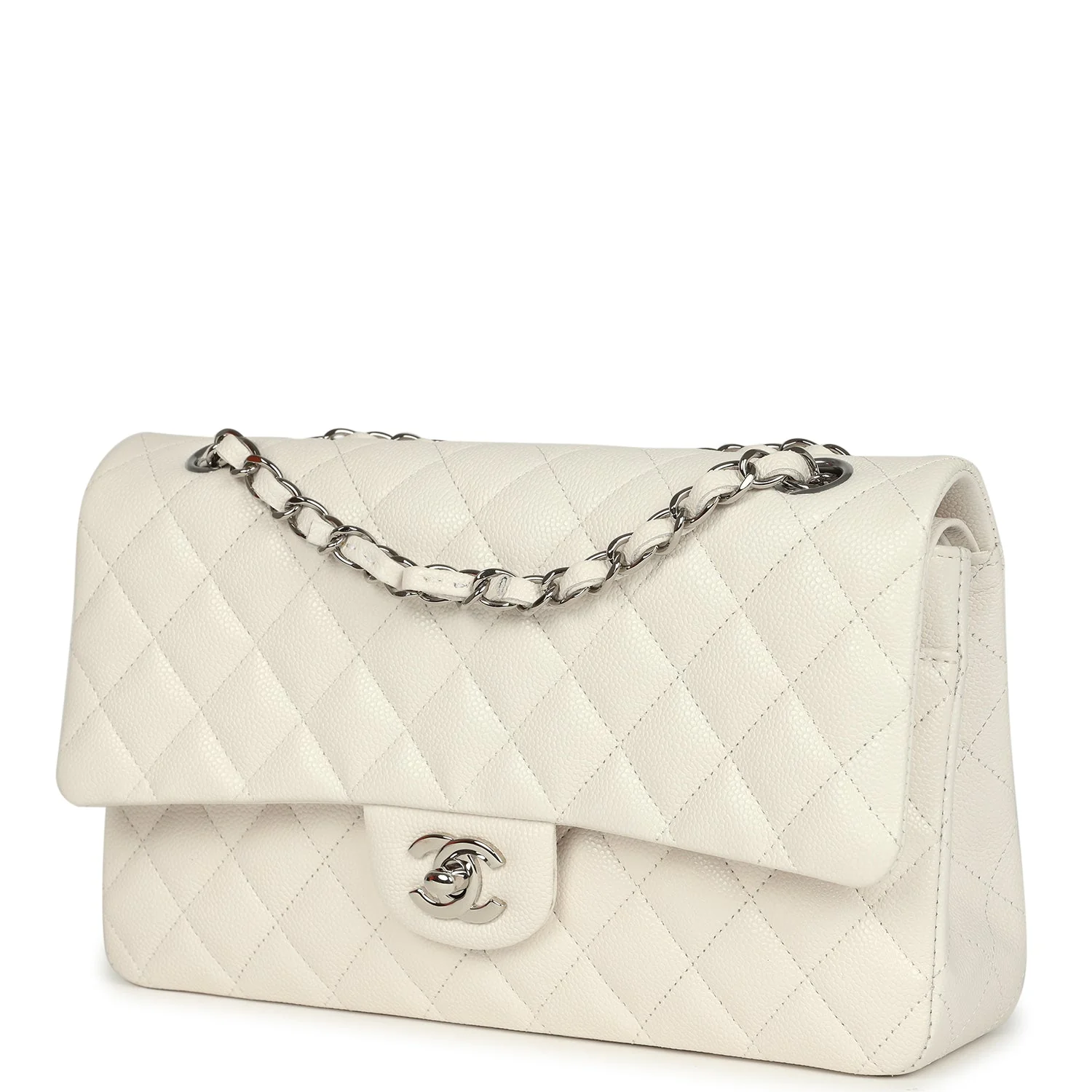 Pre-owned Chanel Medium Classic Double Flap White Shiny Caviar Silver Hardware