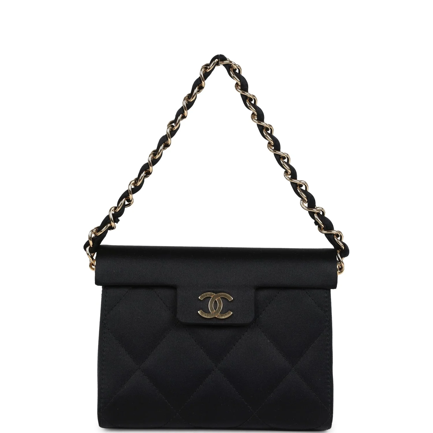 Vintage Chanel Mini Evening Handbag Bag Black Satin Gold Hardware