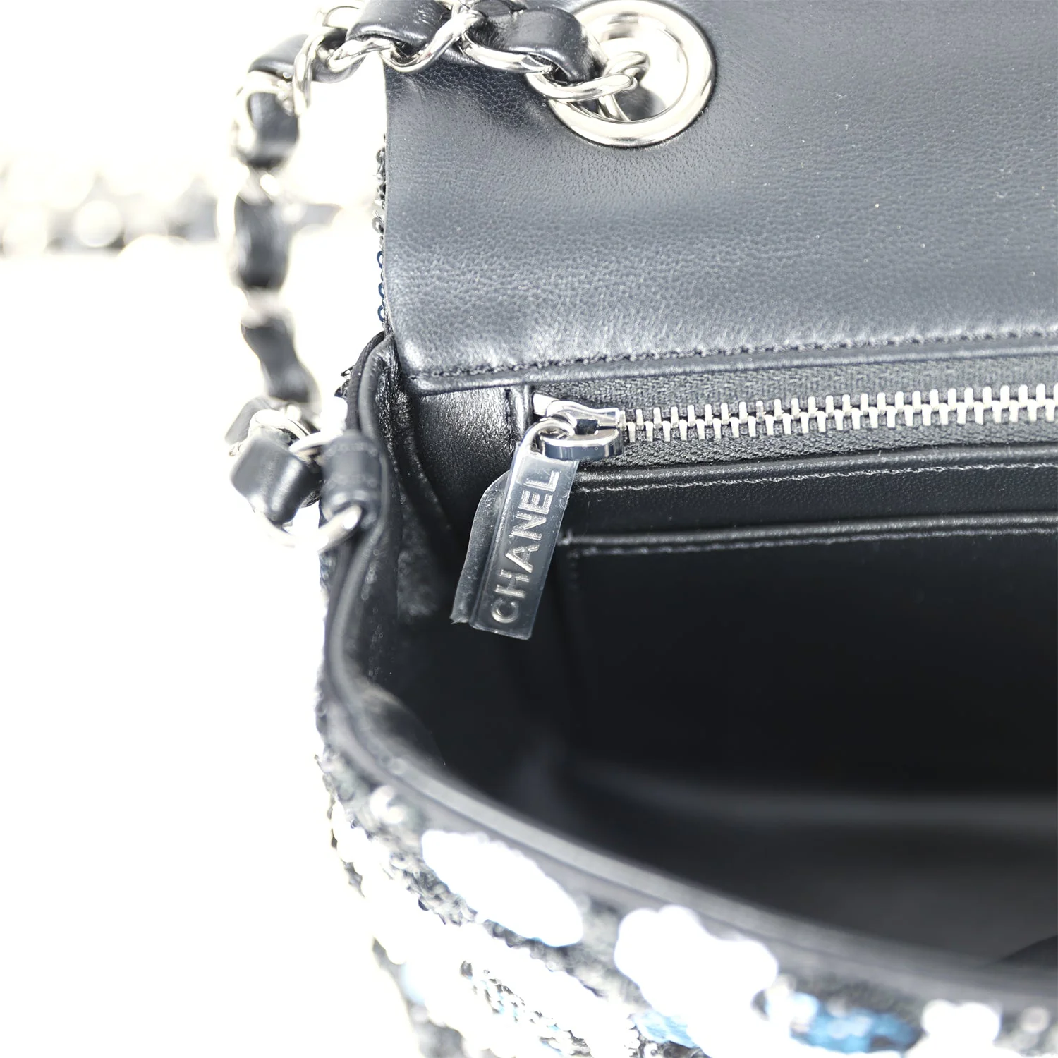 Chanel Mini Rectangular Flower Flap Bag Black, Navy and White Sequin Ruthenium Hardware