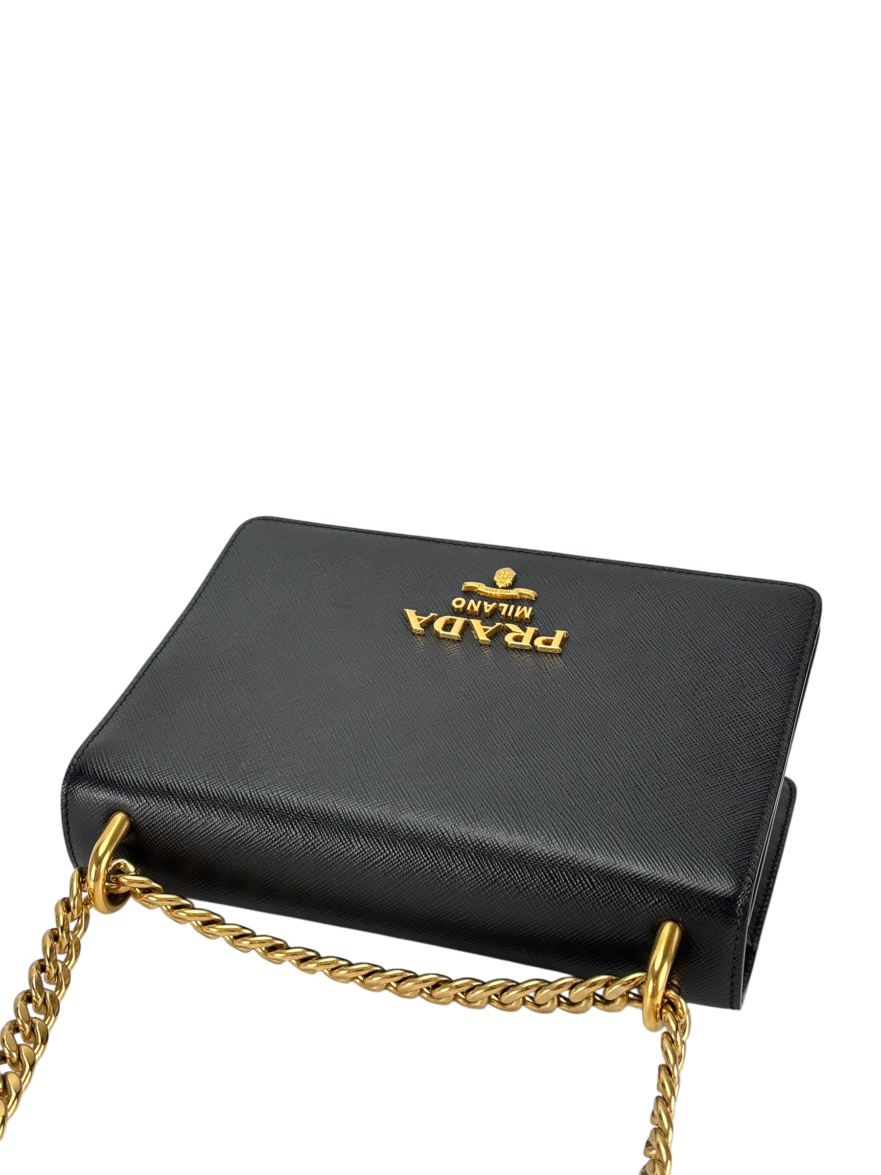 PRADA - Black Leather Saffiano Chain Shoulder Bag Gold Hardware