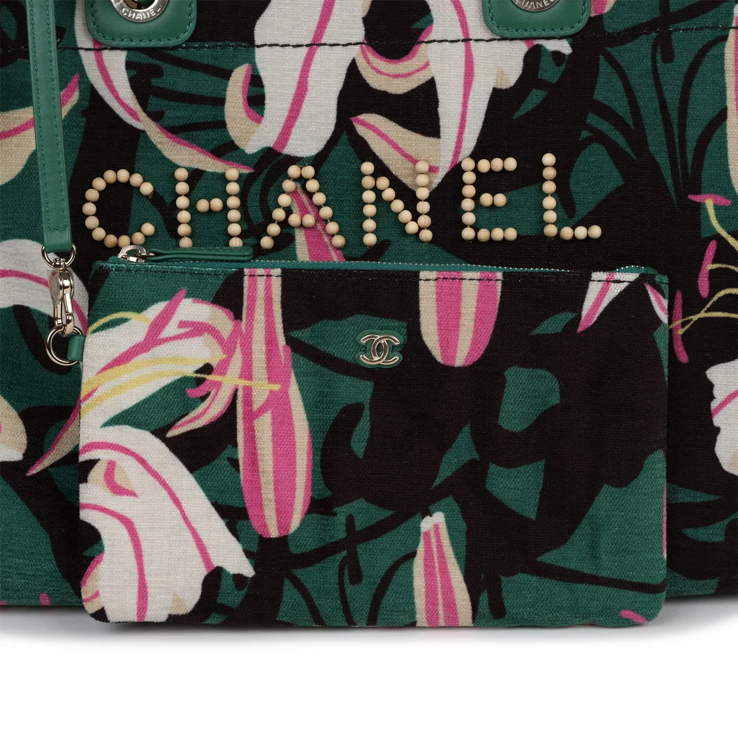 Chanel Small Deauville Shopping Tote Green and Pink Tropical Floral Velvet Light Gold Hardware