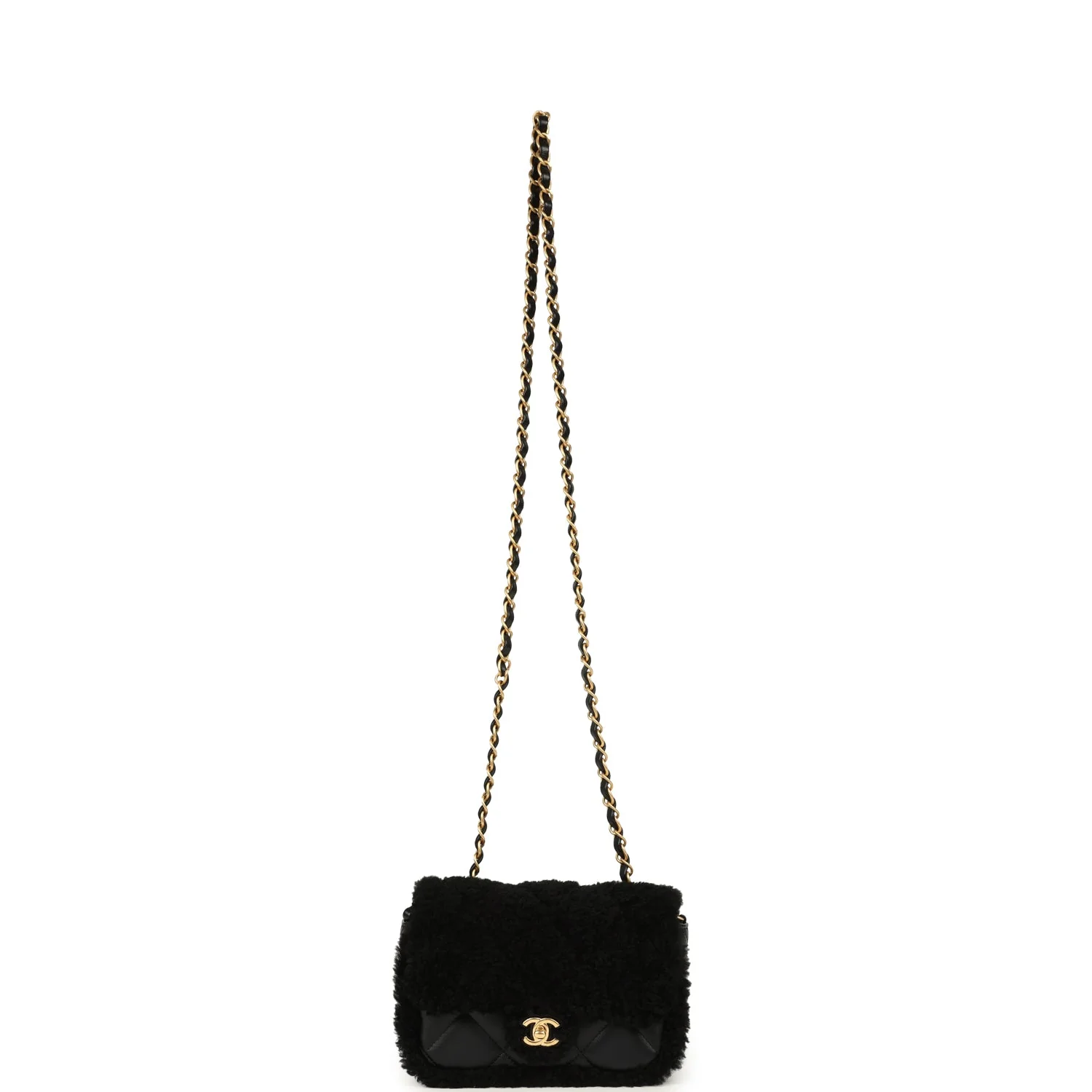 Chanel Mini Shearling Flap Bag Black Lambskin Brushed Gold Hardware