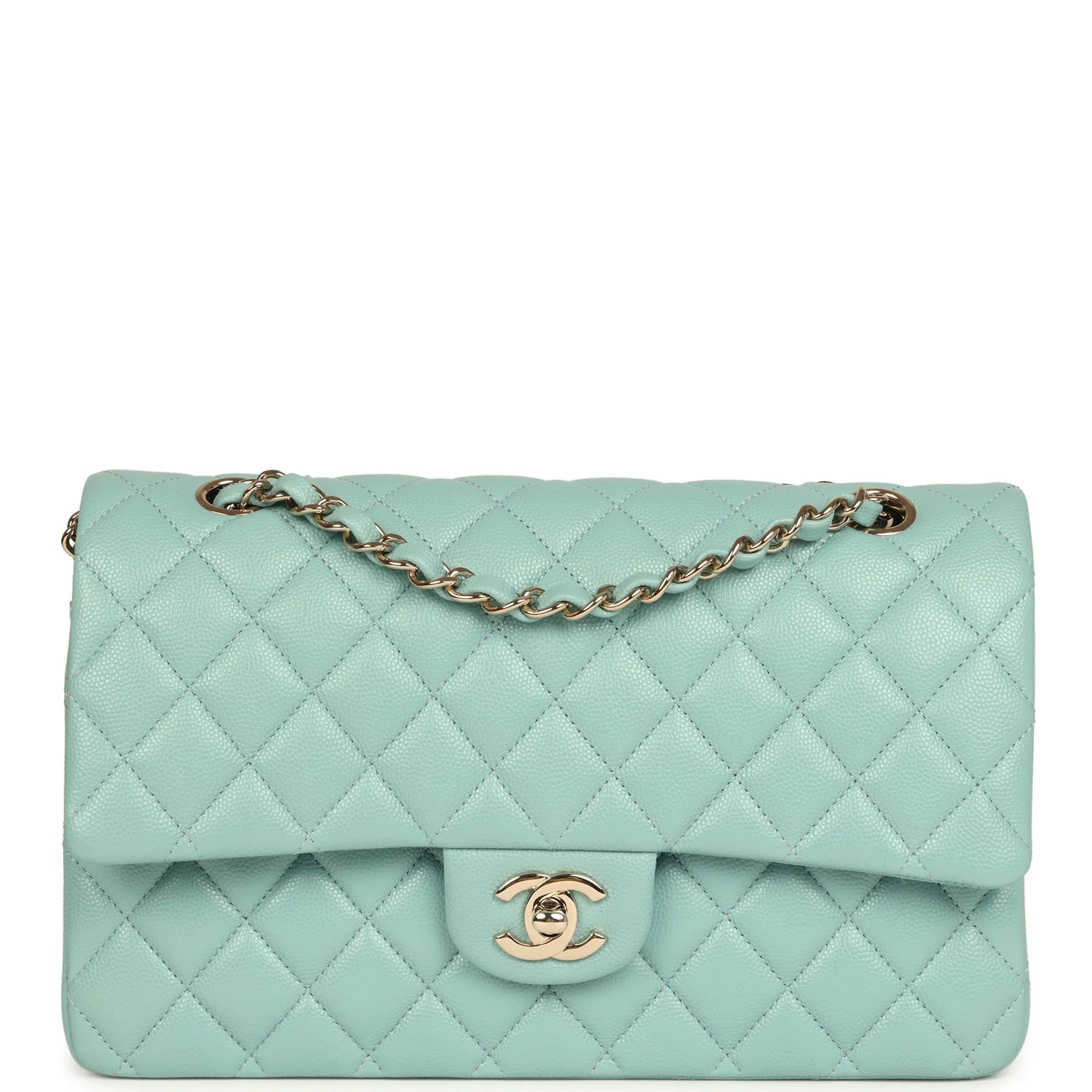 Pre-owned Chanel Medium Classic Double Flap Bag Light Blue Caviar Silver Hardware