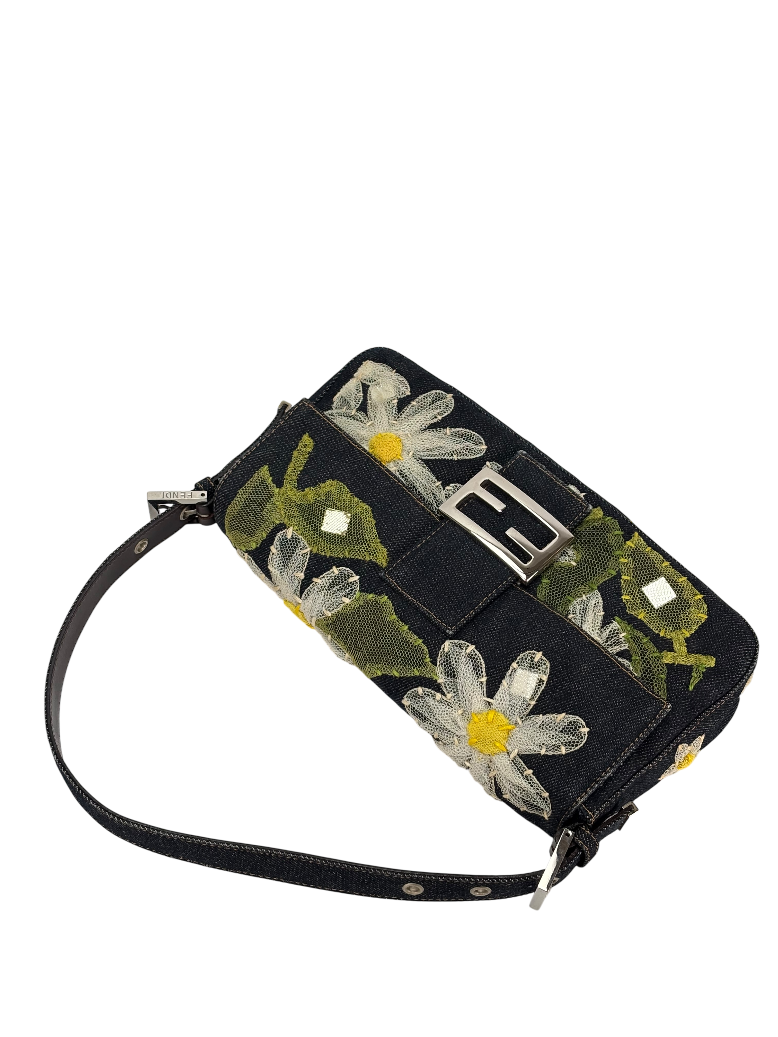 FENDI - Small Baguette Bag Denim Flower Navy