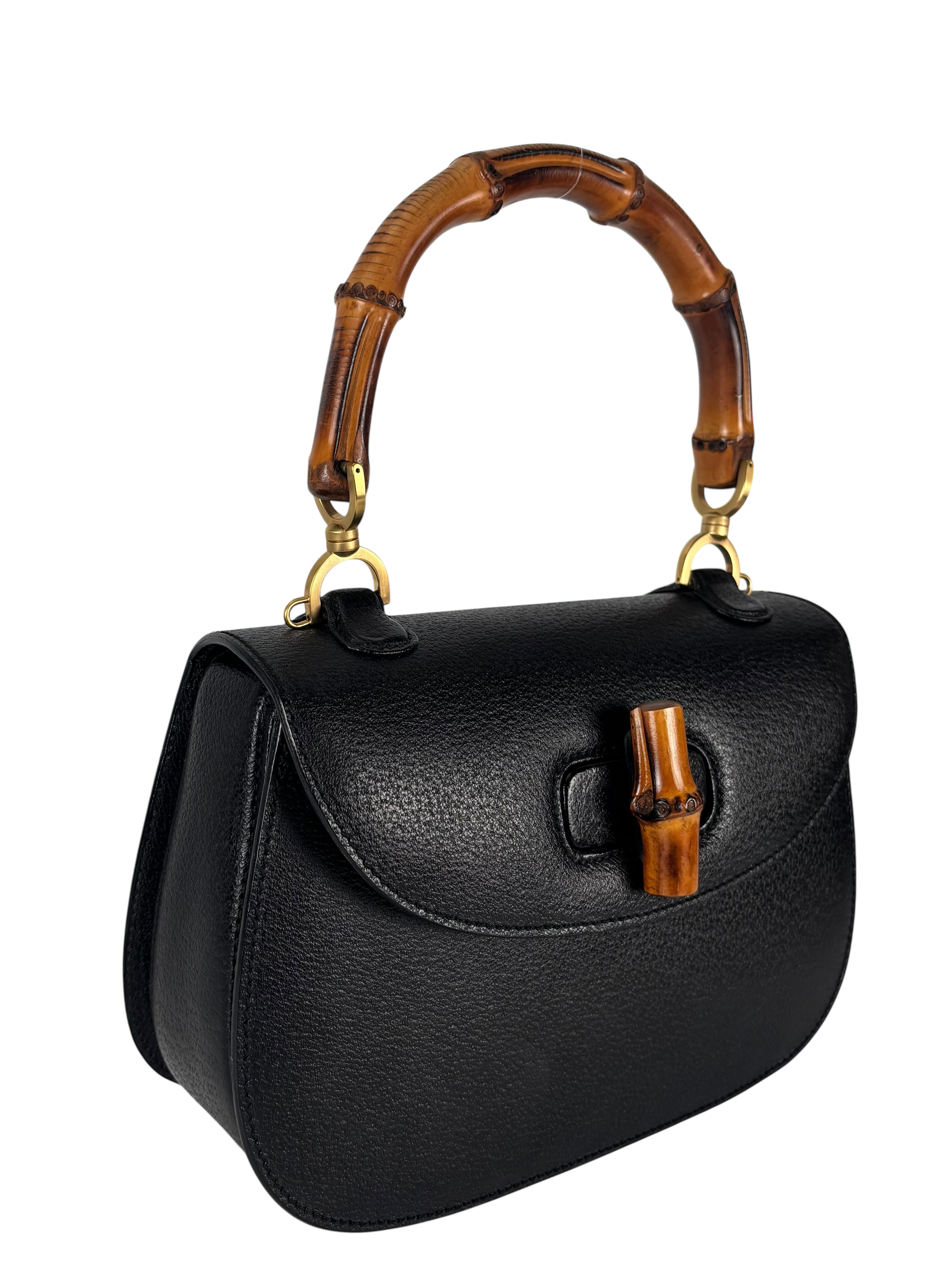 GUCCI - Black Leather 2way Middle Leather Bamboo Handbag