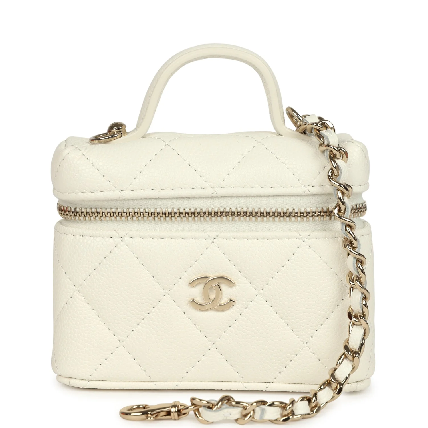 Chanel Micro Top Handle Vanity Case Bag Charm White Shiny Caviar Light Gold Hardware