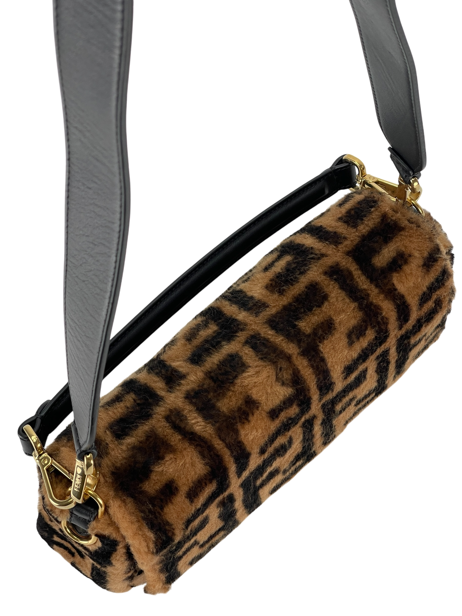 FENDI - Baguette Shoulder Bag Brown Zucca Shearling and Leather