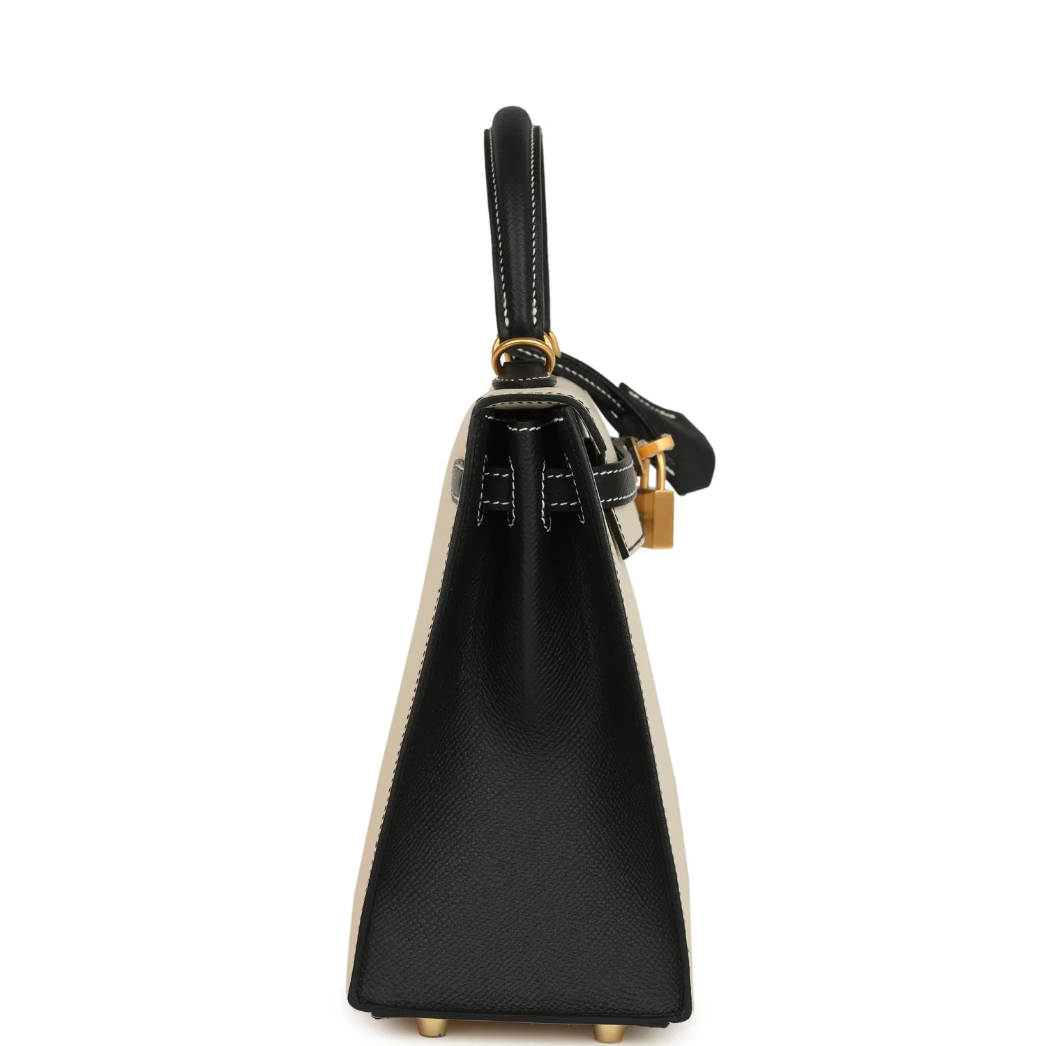 Hermes Special Order (HSS) Kelly Sellier 25 Craie and Black Epsom Brushed Gold Hardware