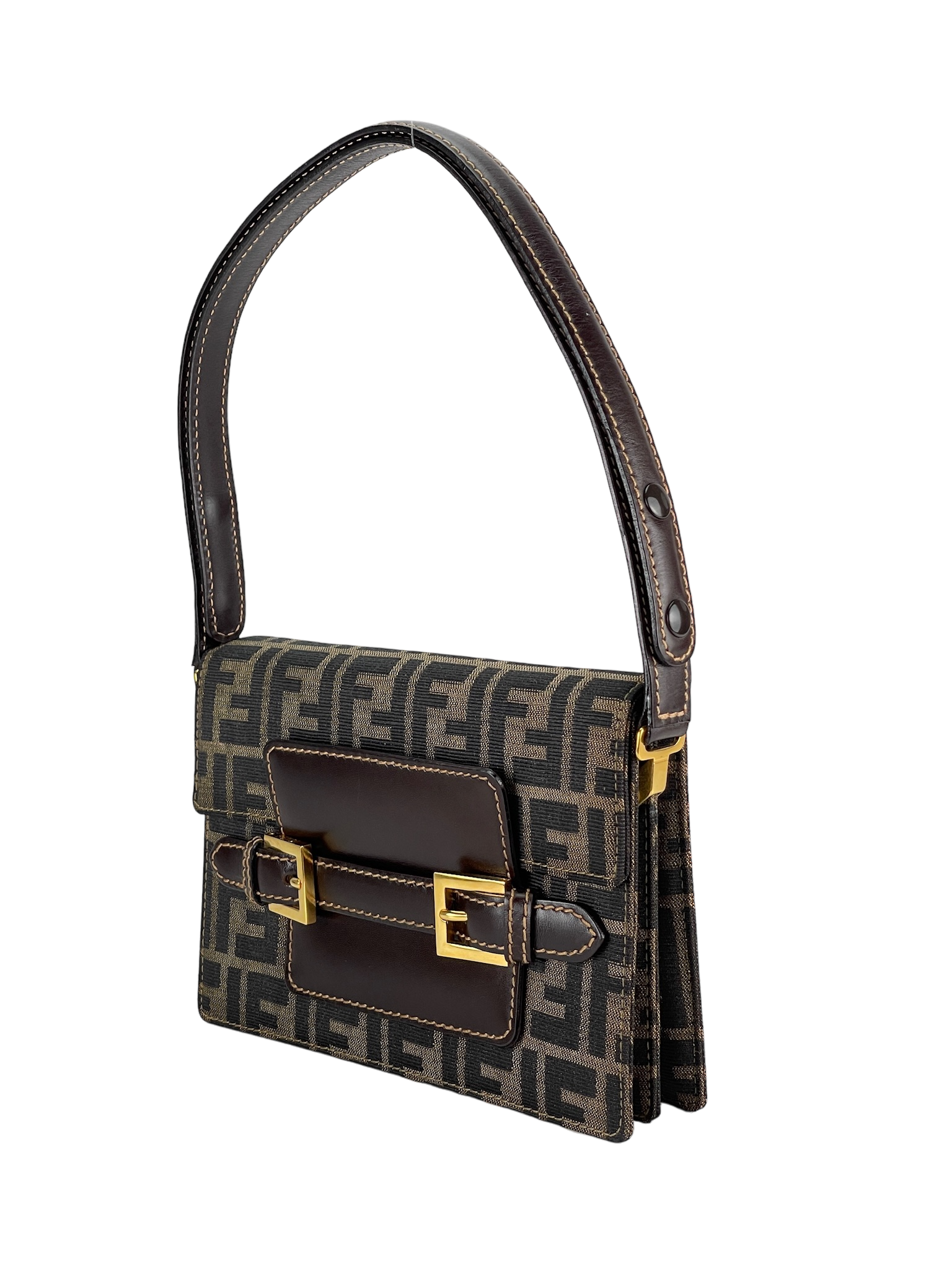 FENDI - Brown Zucca Belt Motif Shoulder Bag