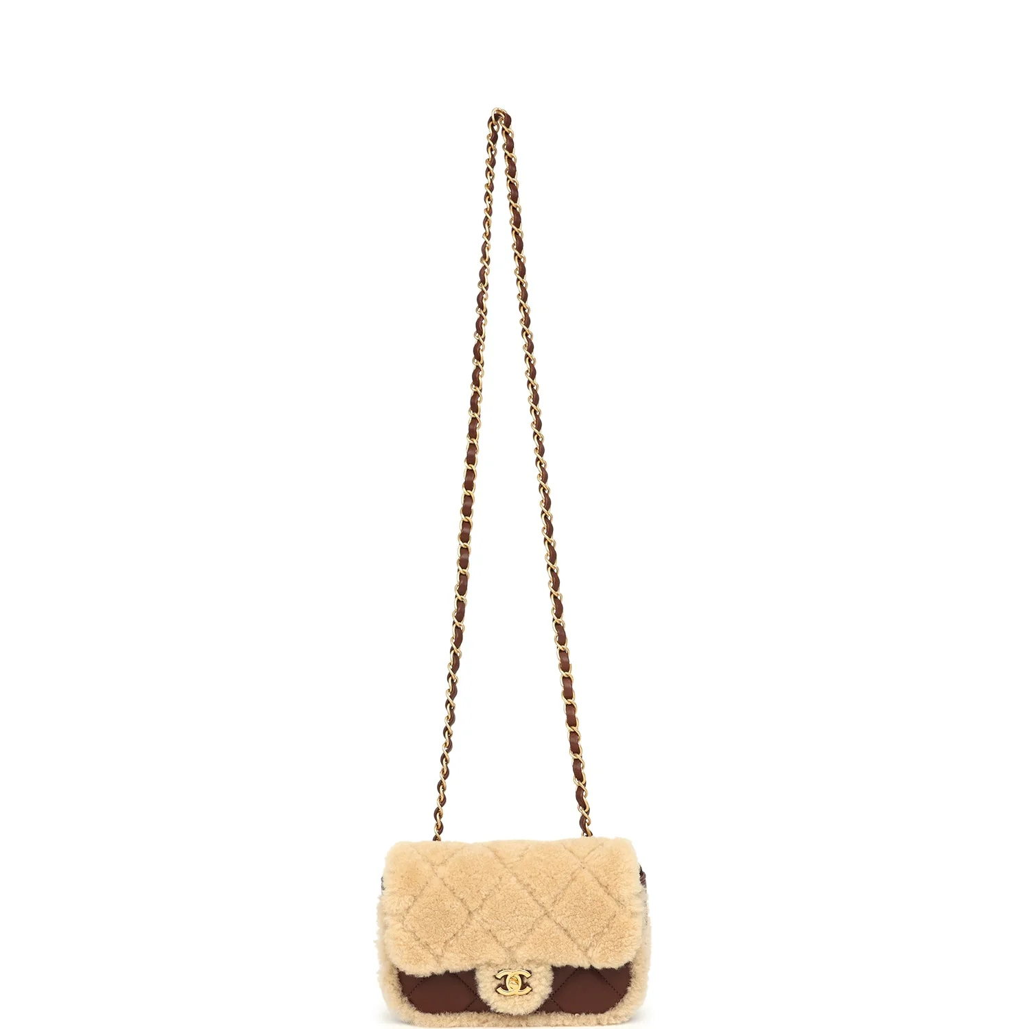 Chanel Mini Shearling Flap Bag Brown Lambskin Brushed Gold Hardware
