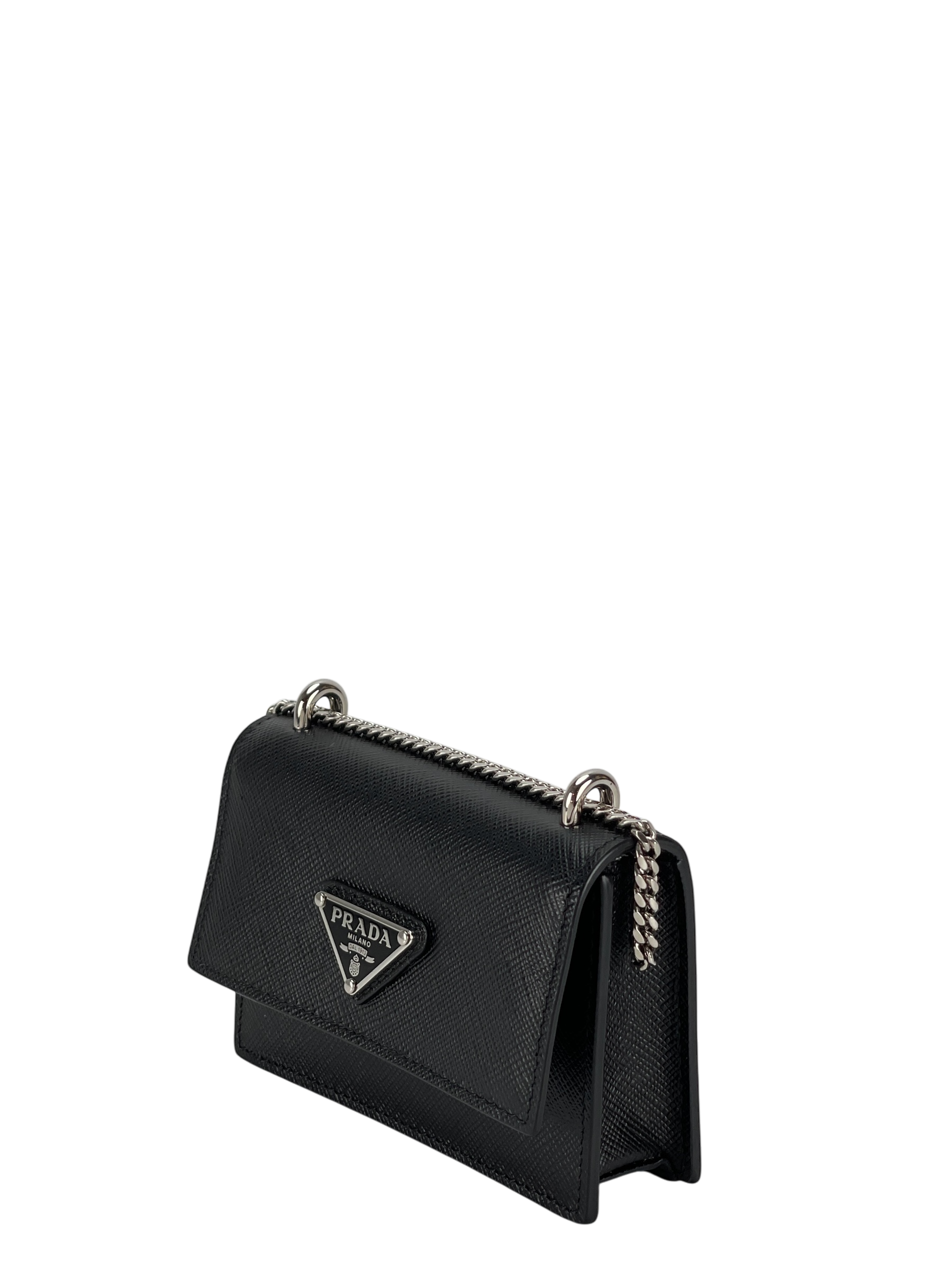 PRADA - Black Saffiano leather card holder with shoulder strap