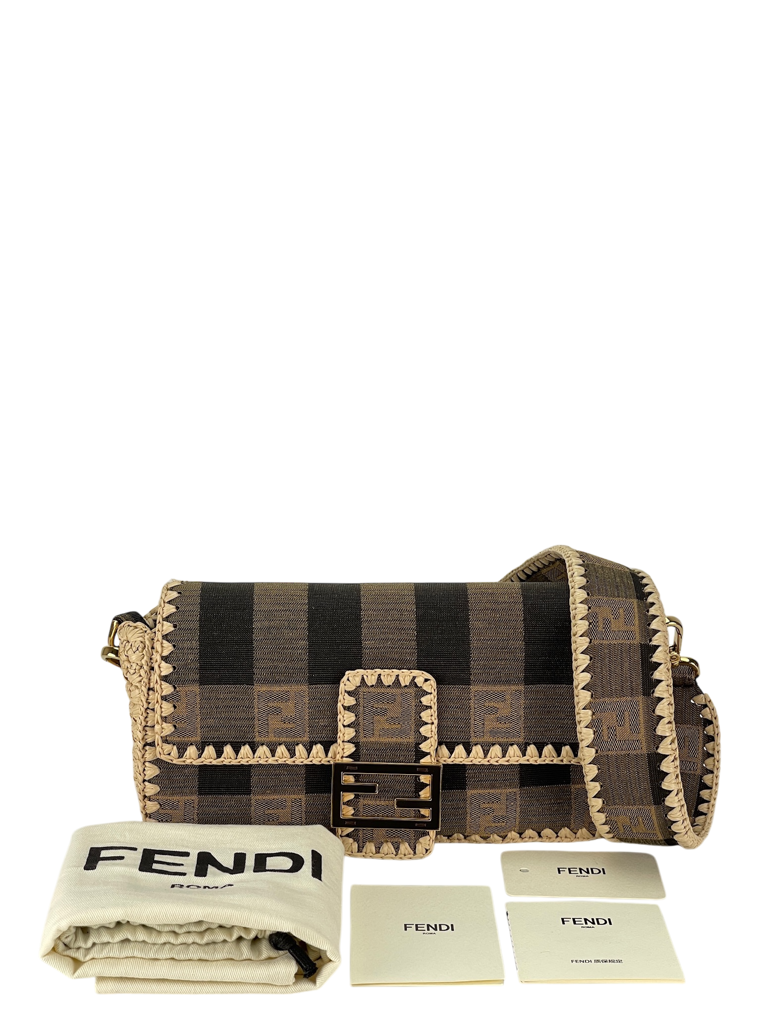 FENDI - Zucca Pecan Canvas Raffia Mamma Bucket 2Way Bag