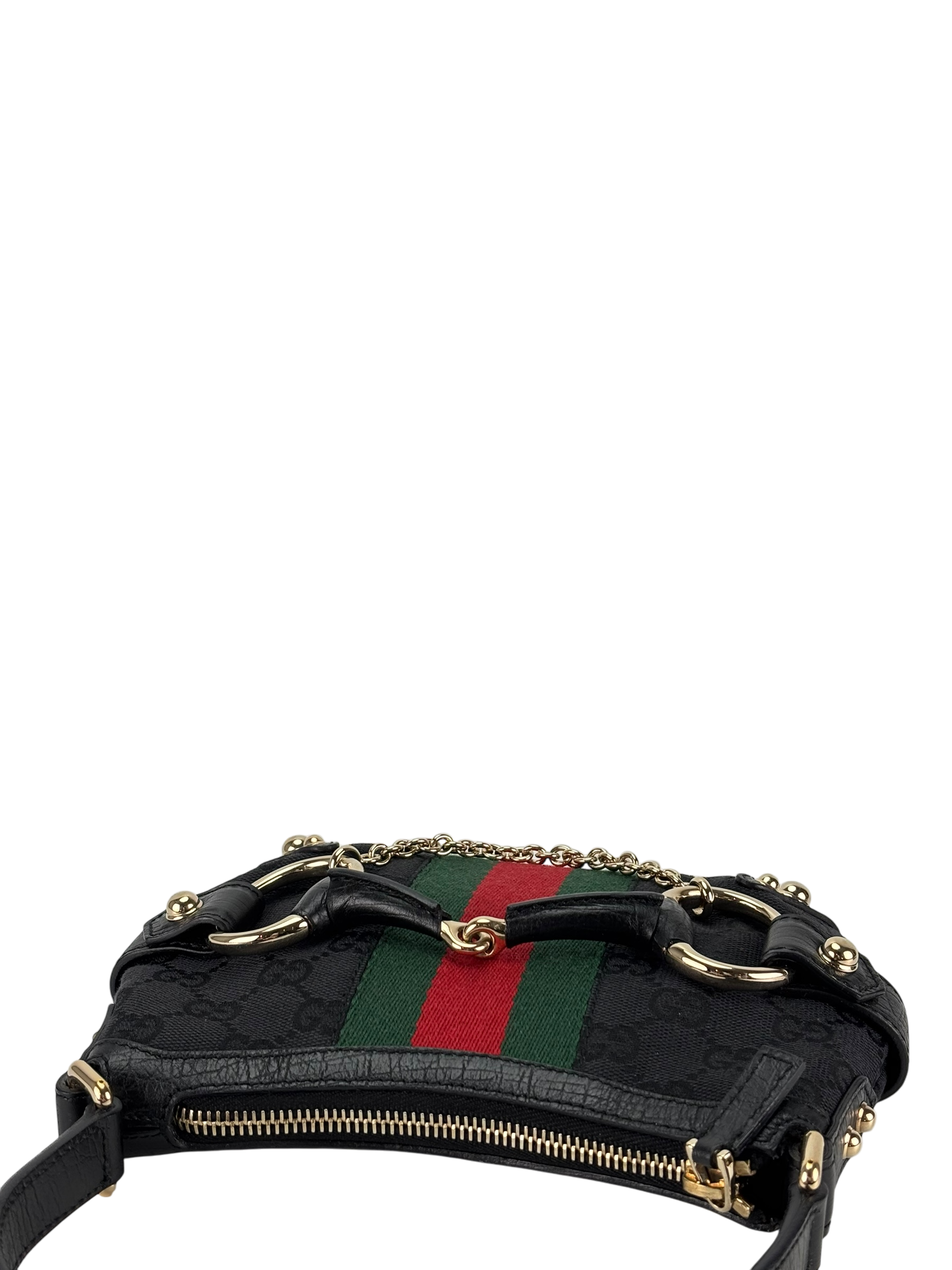 GUCCI - Black GG Monogram Small Horsebit Handbag