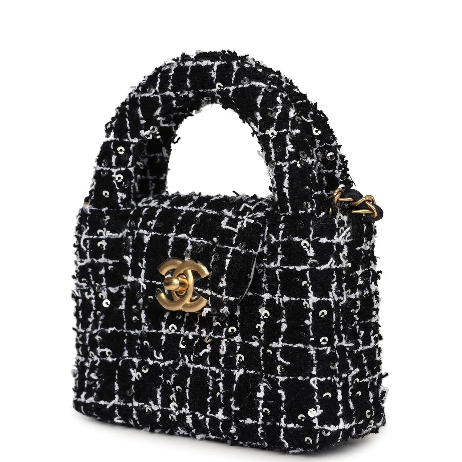 Chanel Nano Kelly Shopper Black, White & Silver Sequin Tweed Brushed Gold Hardware