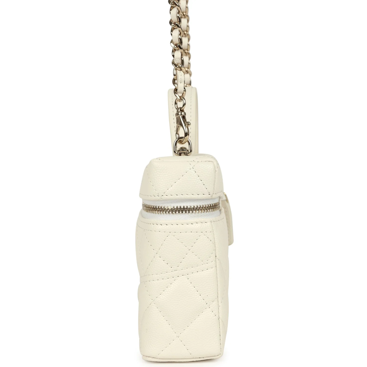 Chanel Trendy Top Handle Long Vanity Case with Chain White Caviar Light Gold Hardware