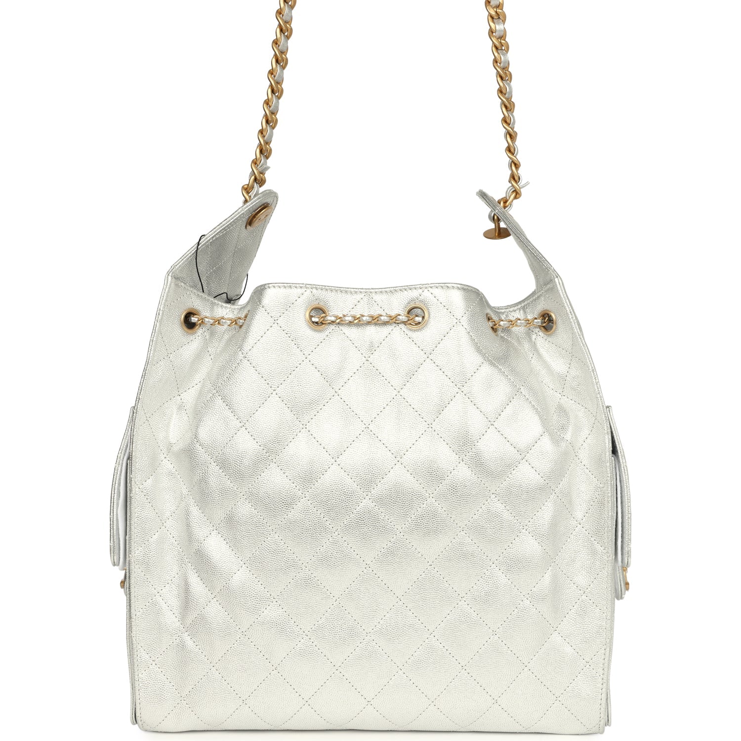 Chanel Medium 25 Hobo Bag Metallic Silver Caviar Antique Gold Hardware