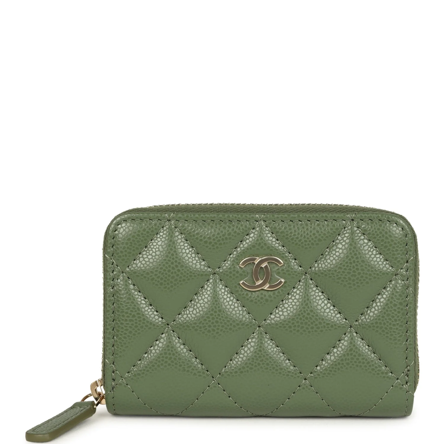 Chanel Classic Zipped Coin Purse Wallet Khaki Shiny Caviar Light Gold Hardware