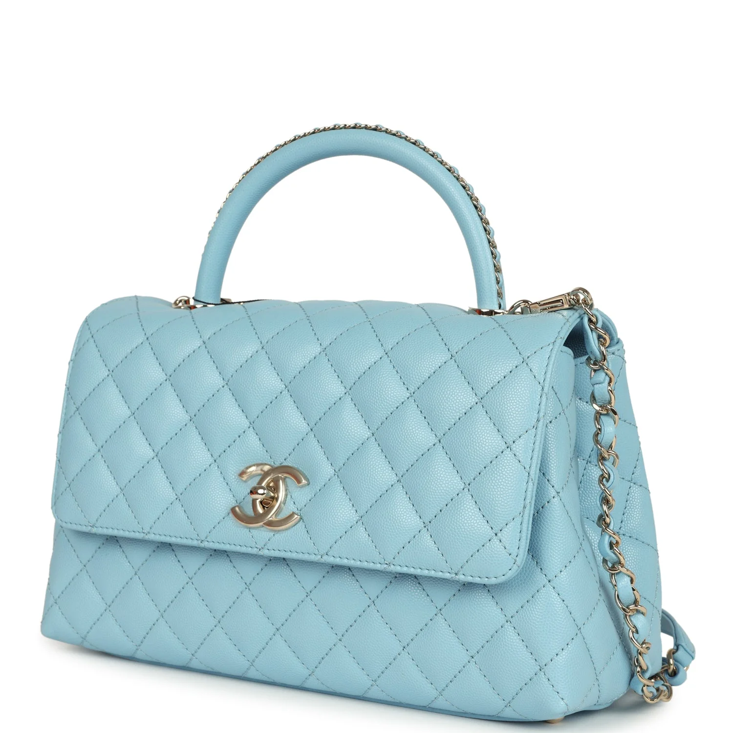Chanel Medium Coco Top Handle Flap Bag Light Blue Shiny Caviar Light Gold Hardware
