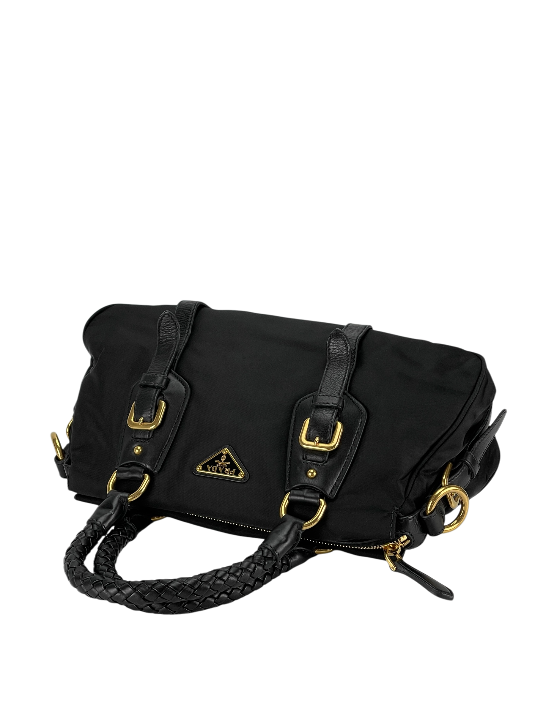 PRADA - Black Tessuto Nylon and Leather Bauletto Bag