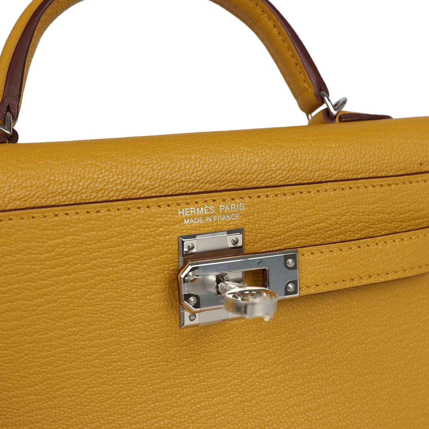 Hermes Kelly Sellier 20 Jaune Ambre Verso Chèvre Mysore Palladium Hardware