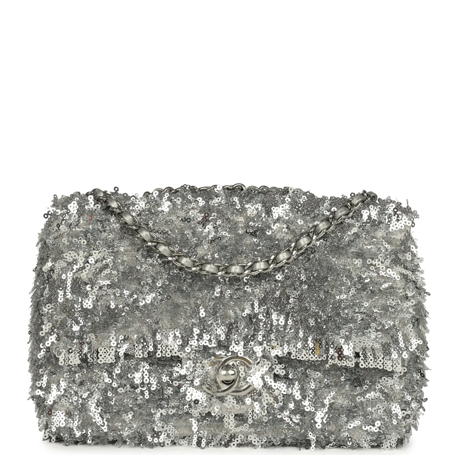 Chanel Mini Rectangular Fringe Flap Bag Silver Sequin Silver Hardware
