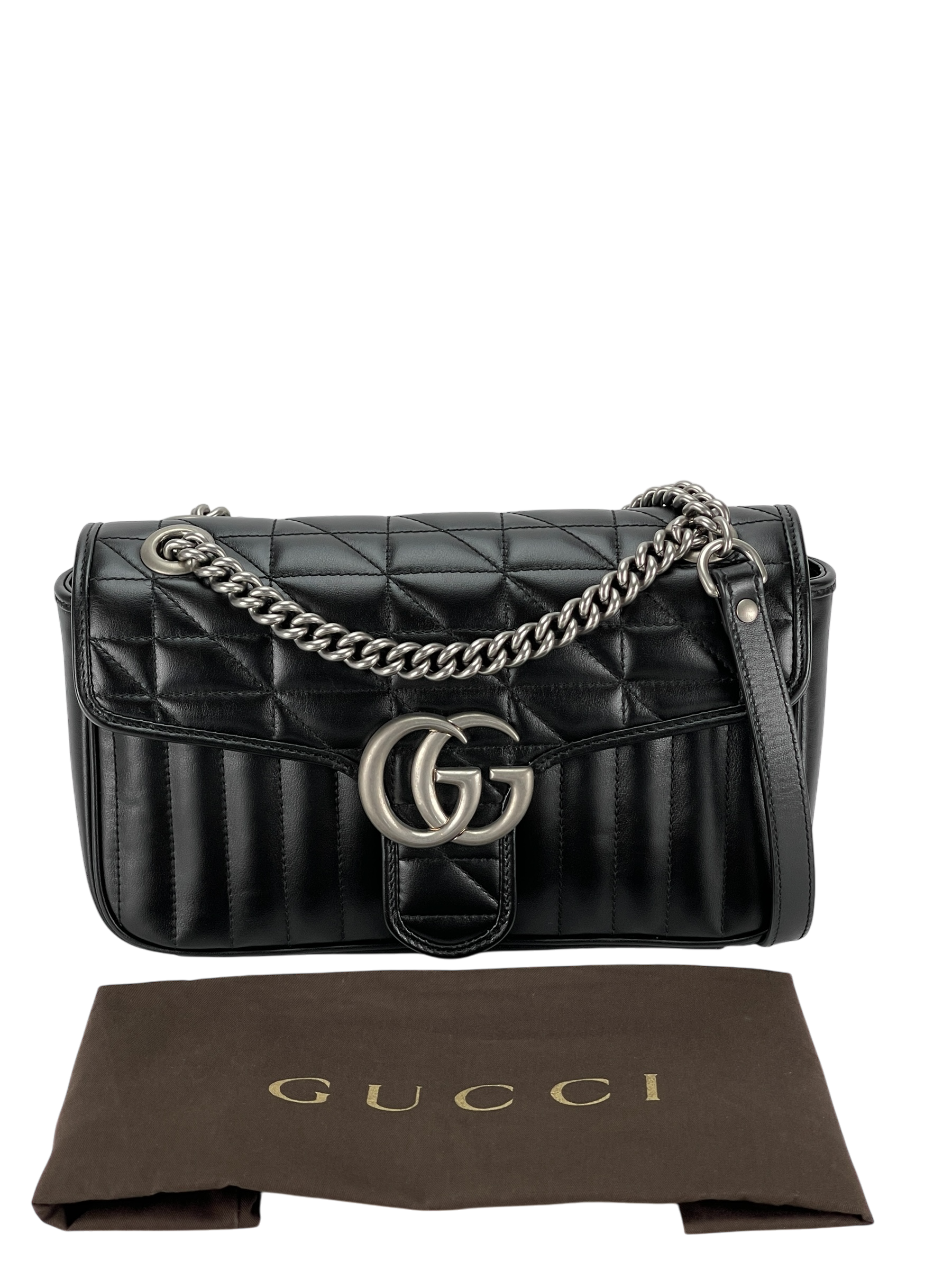 GUCCI - Black GG Marmont Medium Shoulder Bag Sliver Hardware