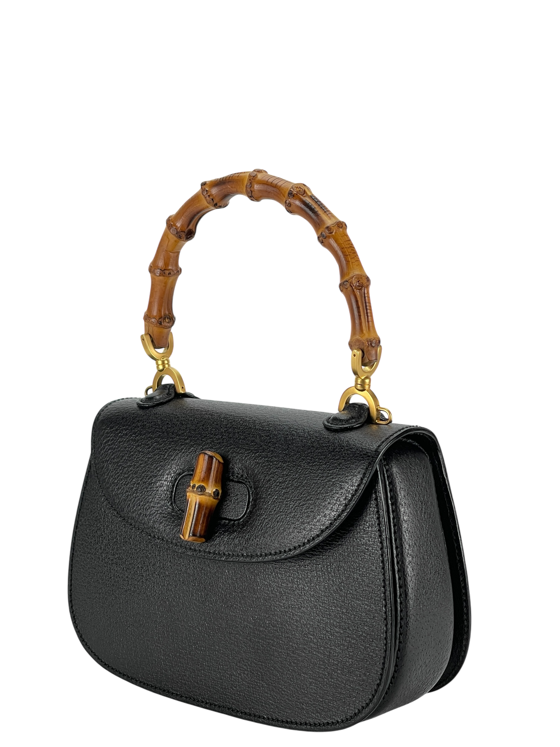 GUCCI - Black 2way Smalll Leather Bamboo Handbag