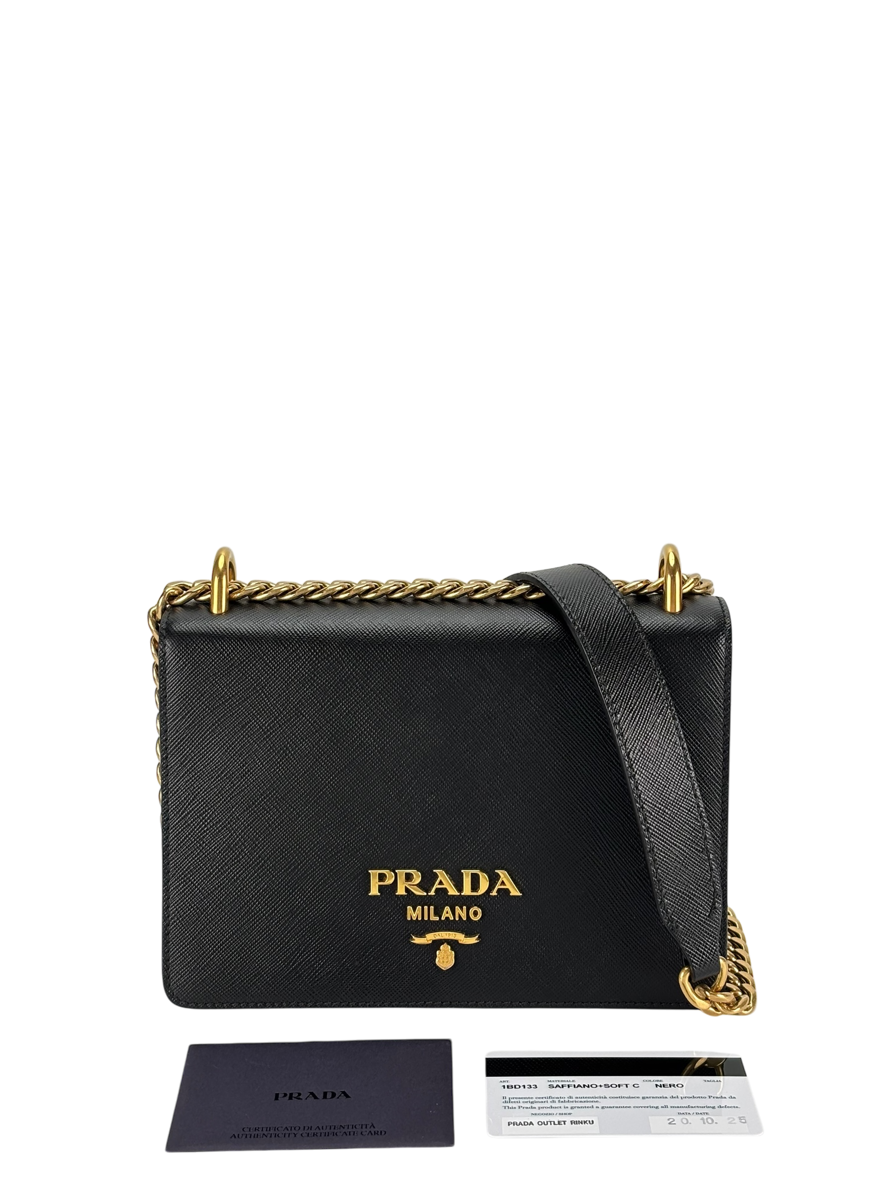 PRADA - Black Leather Saffiano Chain Shoulder Bag Gold Hardware